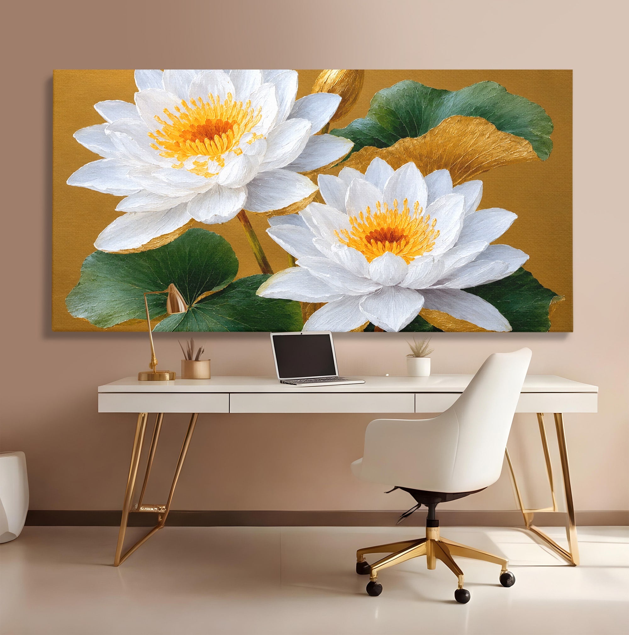 Tablou Canvas Premium LuxCanva® A1800, Serenitate Aurie, Flori, Lotus, Natura, Living, Dormitor, Culori Vibrante