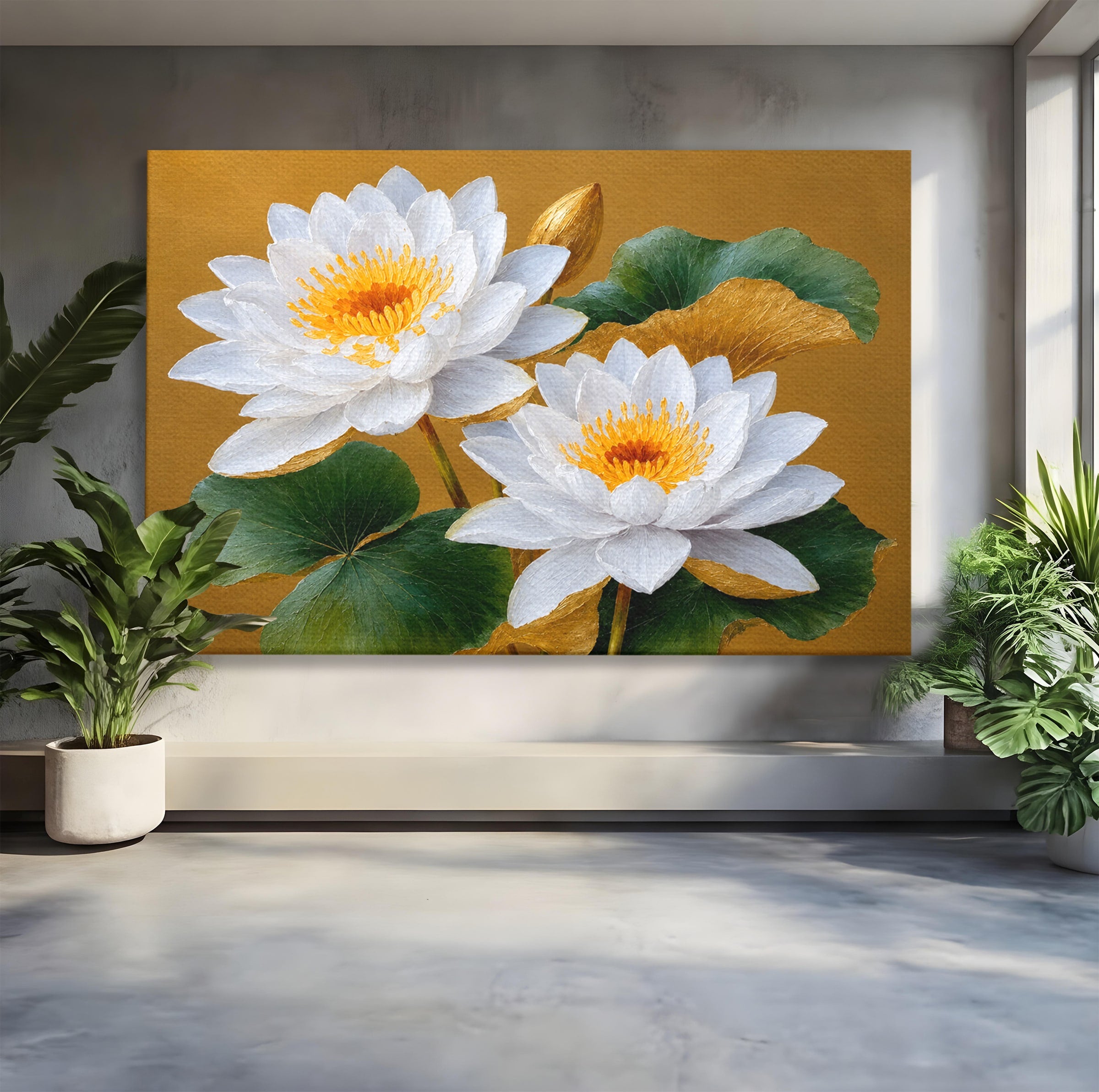 Tablou Canvas Premium LuxCanva® A1800, Serenitate Aurie, Flori, Lotus, Natura, Living, Dormitor, Culori Vibrante