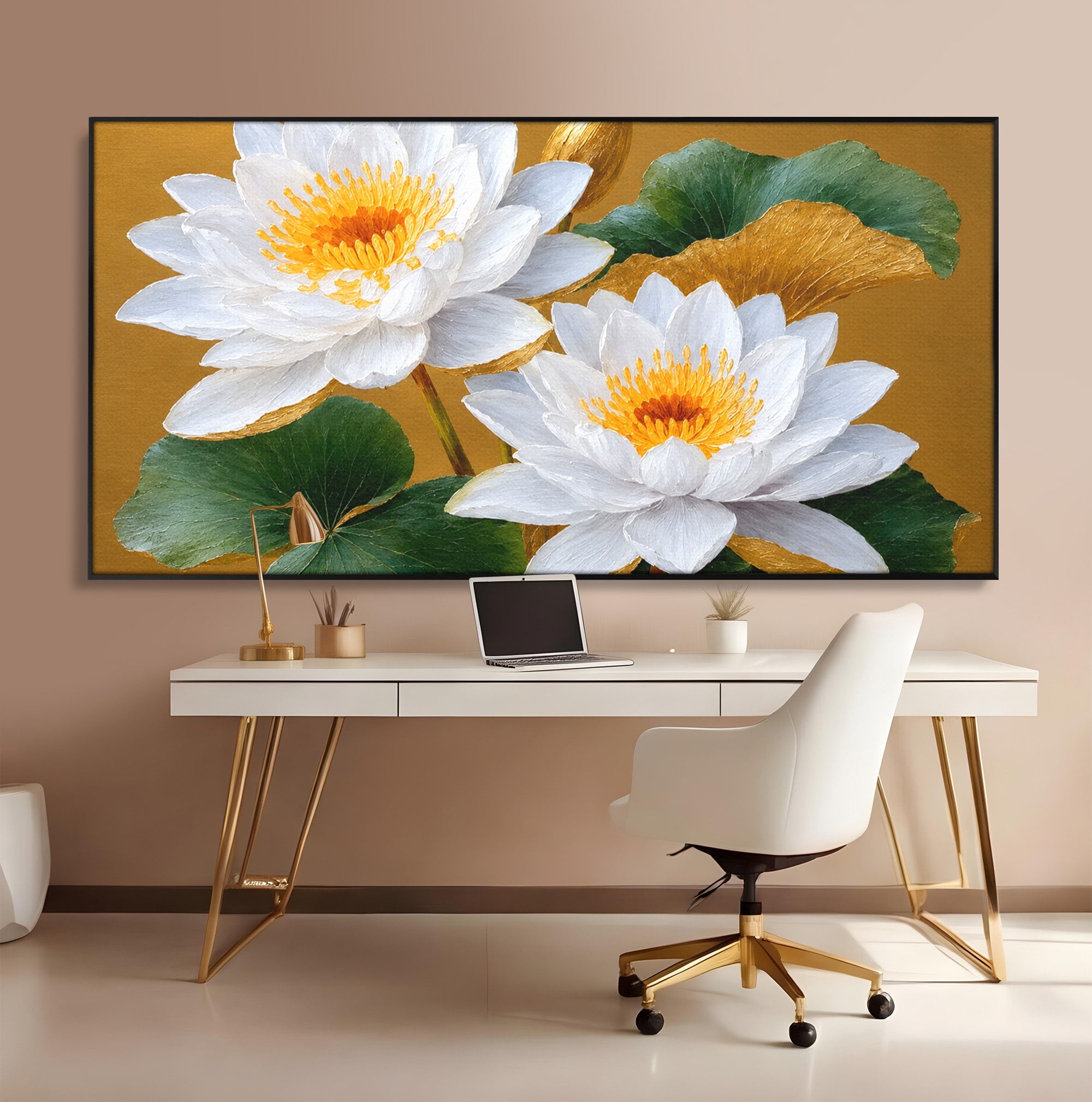 Tablou Canvas Premium LuxCanva® A1800, Serenitate Aurie, Flori, Lotus, Natura, Living, Dormitor, Culori Vibrante