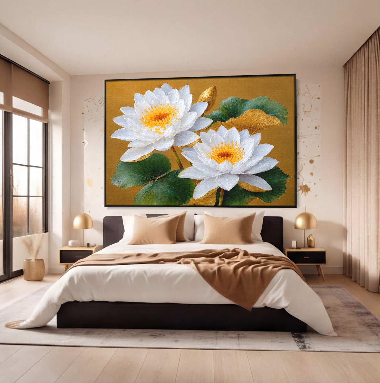 Tablou Canvas Premium LuxCanva® A1800, Serenitate Aurie, Flori, Lotus, Natura, Living, Dormitor, Culori Vibrante