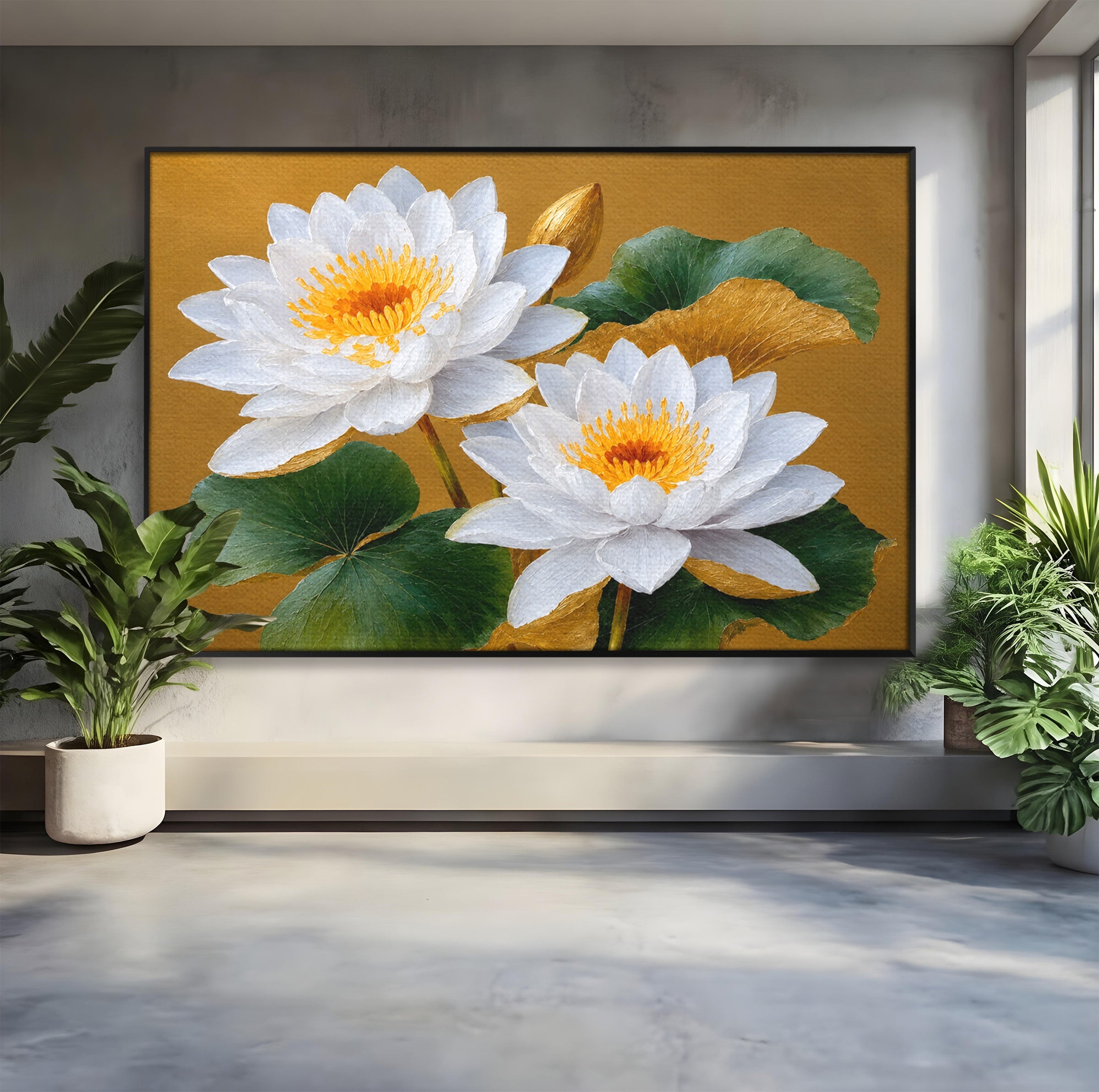 Tablou Canvas Premium LuxCanva® A1800, Serenitate Aurie, Flori, Lotus, Natura, Living, Dormitor, Culori Vibrante