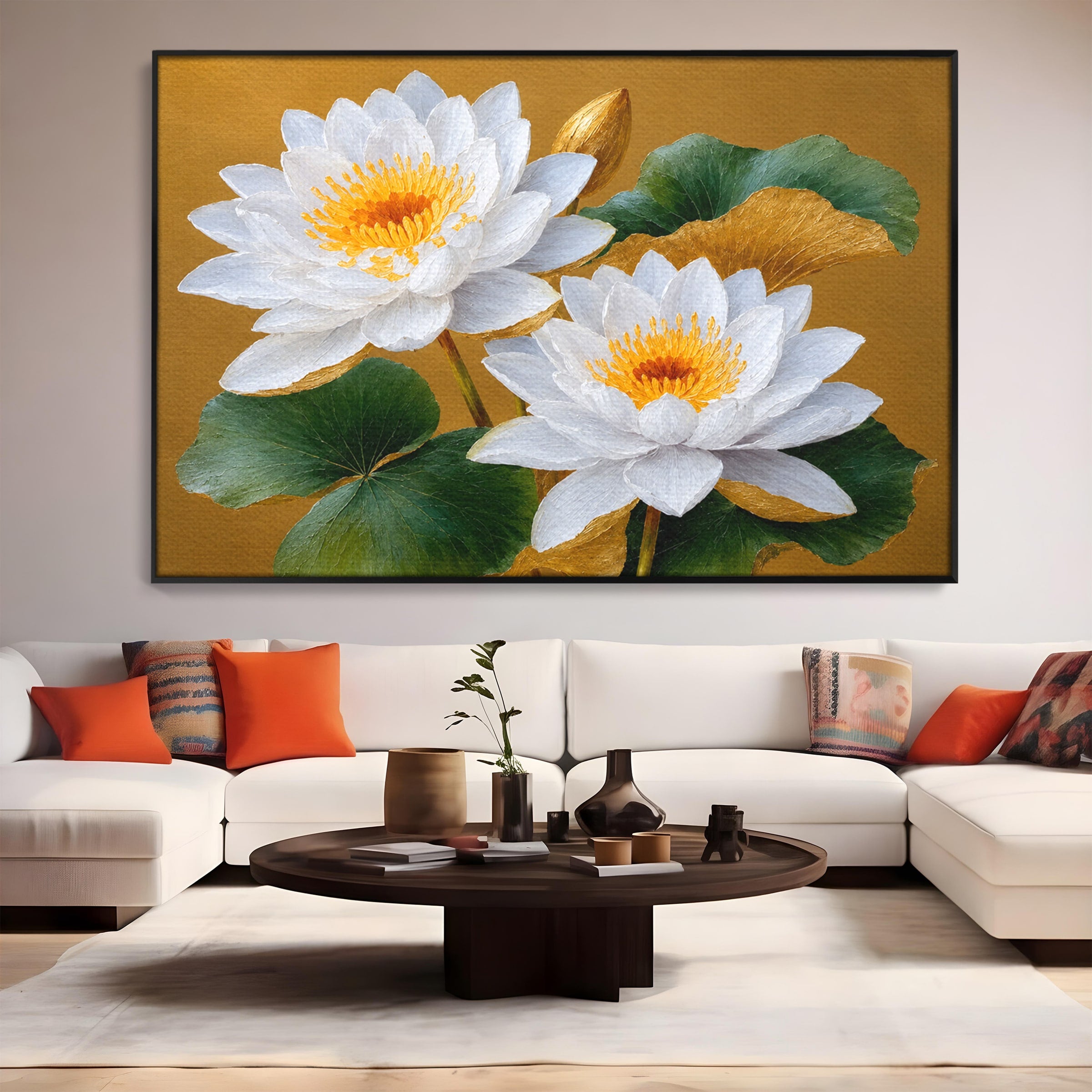 Tablou Canvas Premium LuxCanva® A1800, Serenitate Aurie, Flori, Lotus, Natura, Living, Dormitor, Culori Vibrante