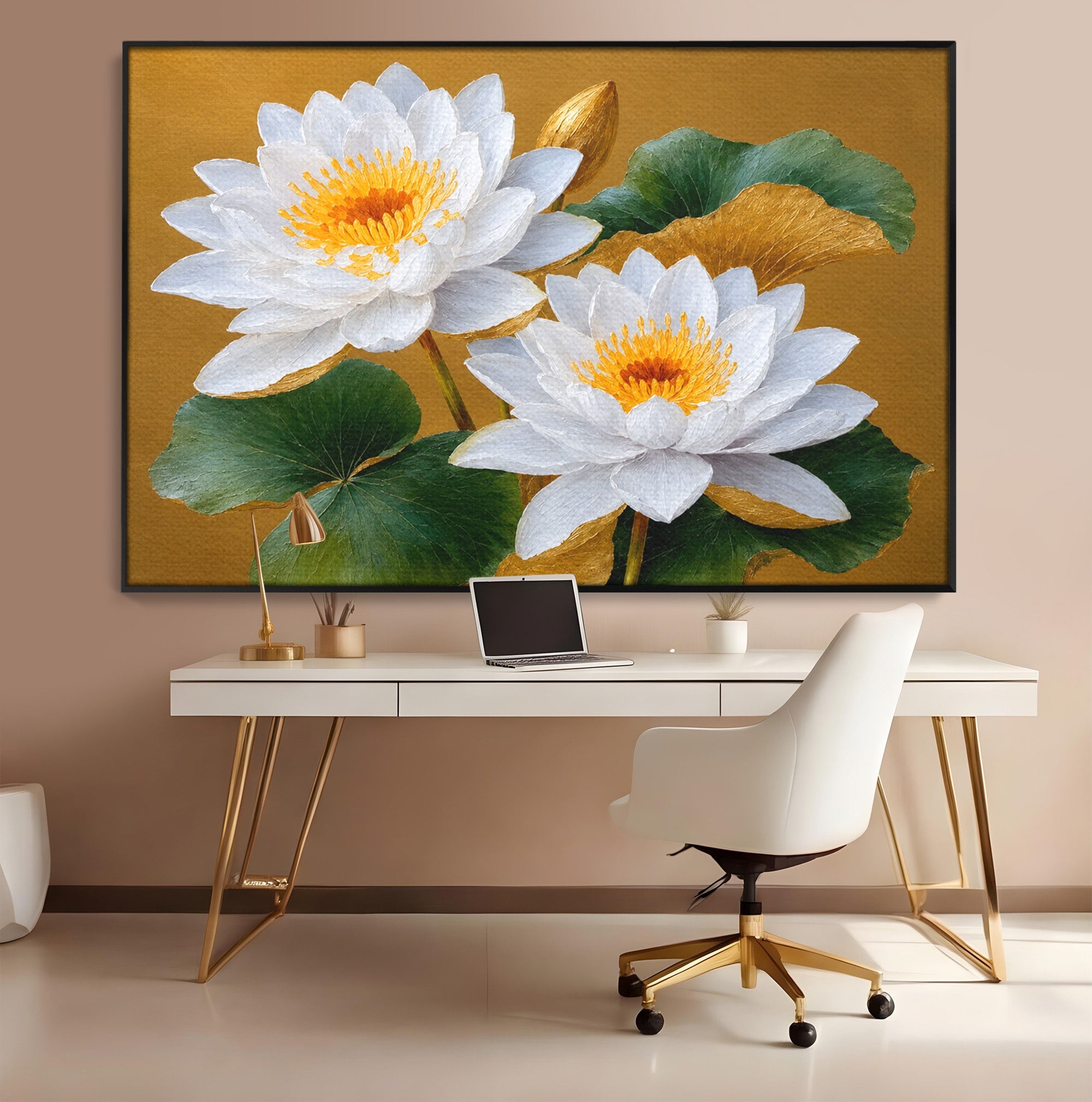 Tablou Canvas Premium LuxCanva® A1800, Serenitate Aurie, Flori, Lotus, Natura, Living, Dormitor, Culori Vibrante