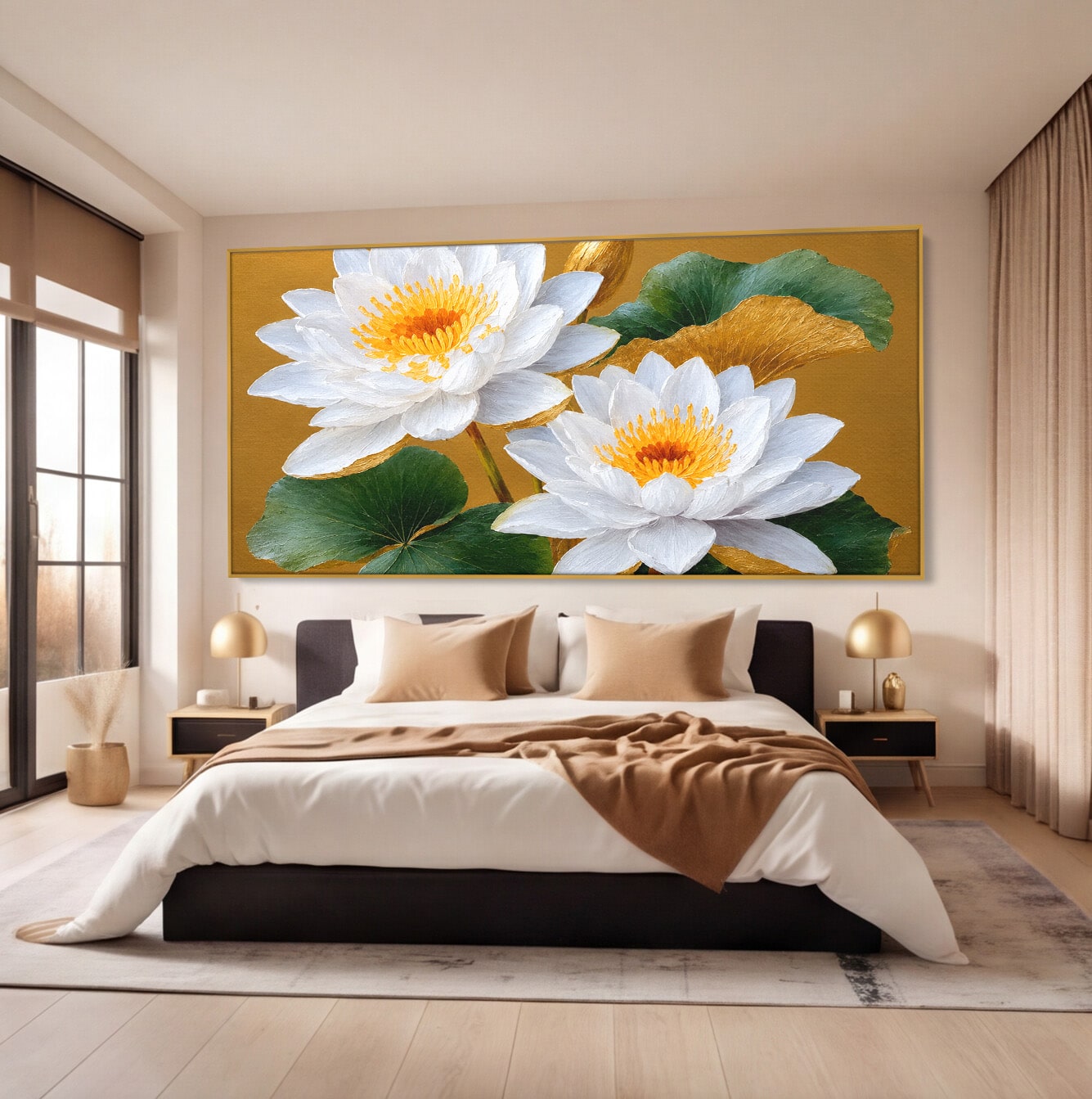 Tablou Canvas Premium LuxCanva® A1800, Serenitate Aurie, Flori, Lotus, Natura, Living, Dormitor, Culori Vibrante