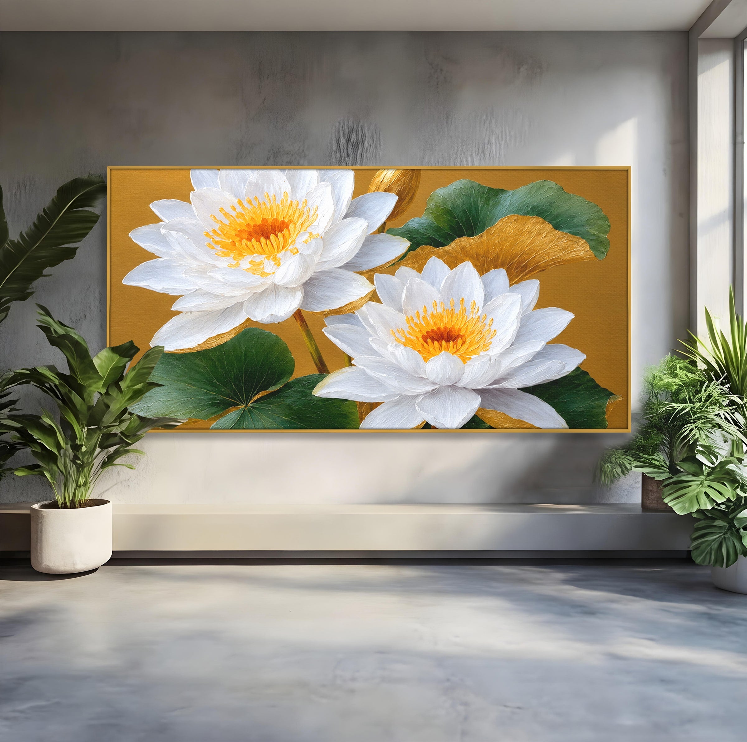 Tablou Canvas Premium LuxCanva® A1800, Serenitate Aurie, Flori, Lotus, Natura, Living, Dormitor, Culori Vibrante