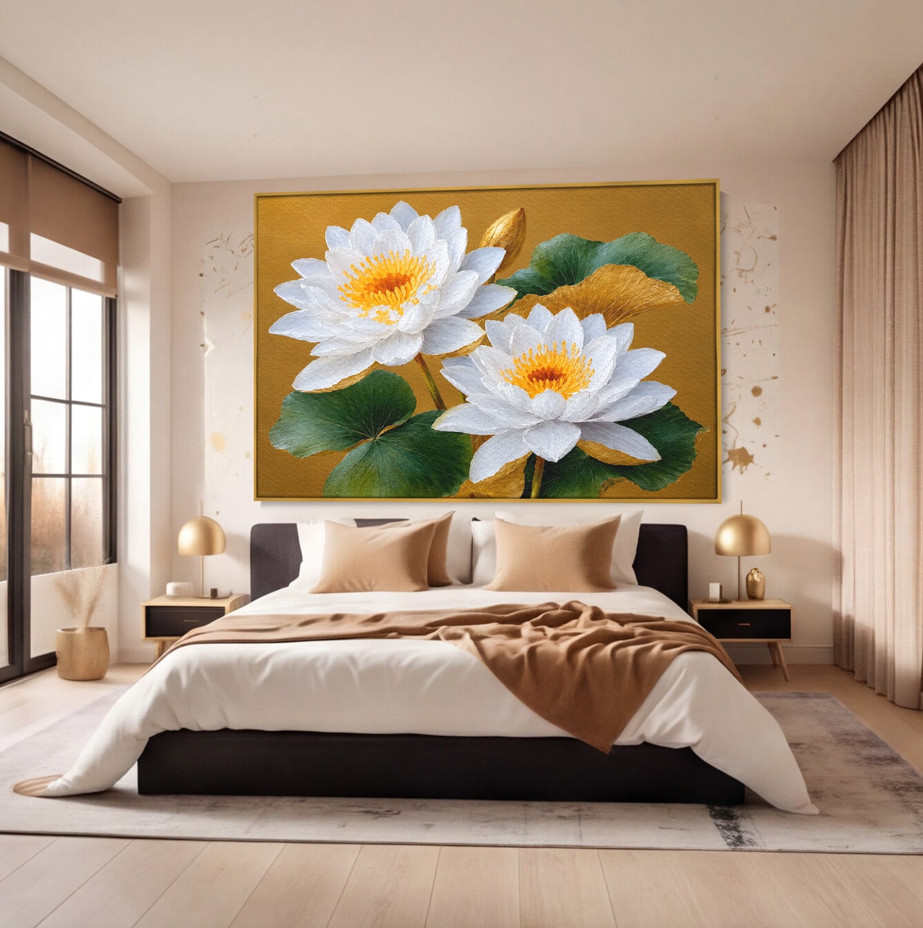 Tablou Canvas Premium LuxCanva® A1800, Serenitate Aurie, Flori, Lotus, Natura, Living, Dormitor, Culori Vibrante