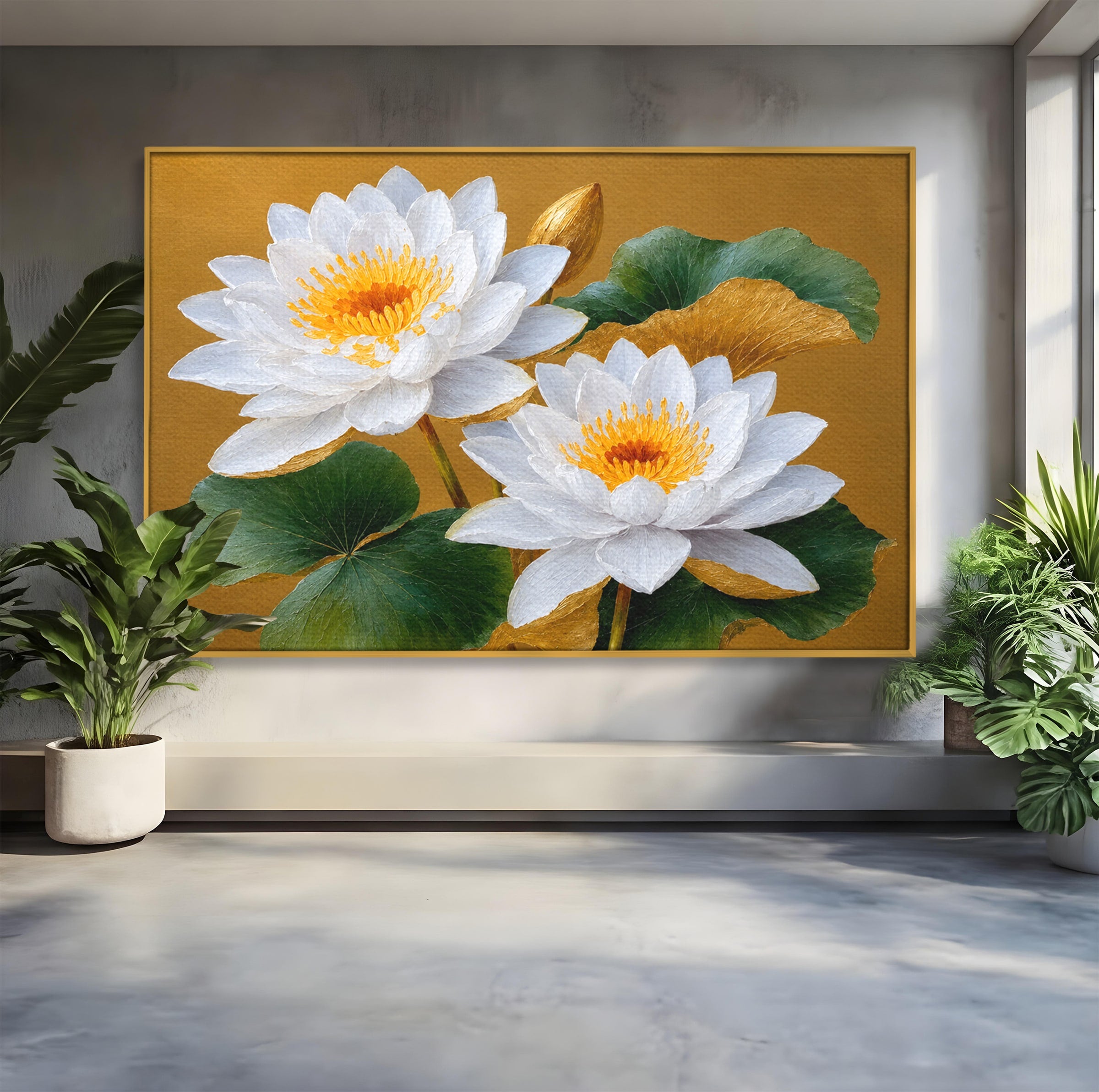 Tablou Canvas Premium LuxCanva® A1800, Serenitate Aurie, Flori, Lotus, Natura, Living, Dormitor, Culori Vibrante