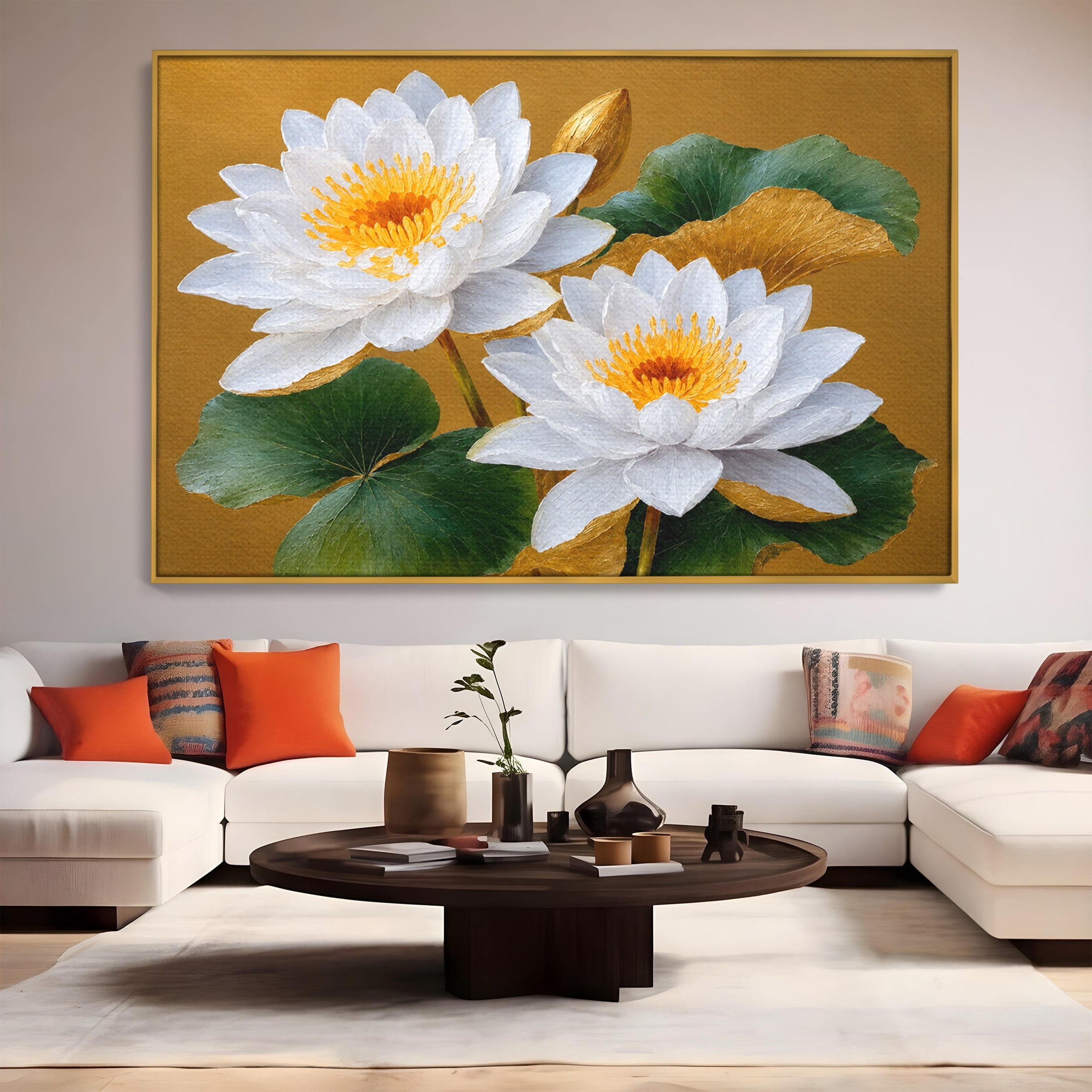 Tablou Canvas Premium LuxCanva® A1800, Serenitate Aurie, Flori, Lotus, Natura, Living, Dormitor, Culori Vibrante