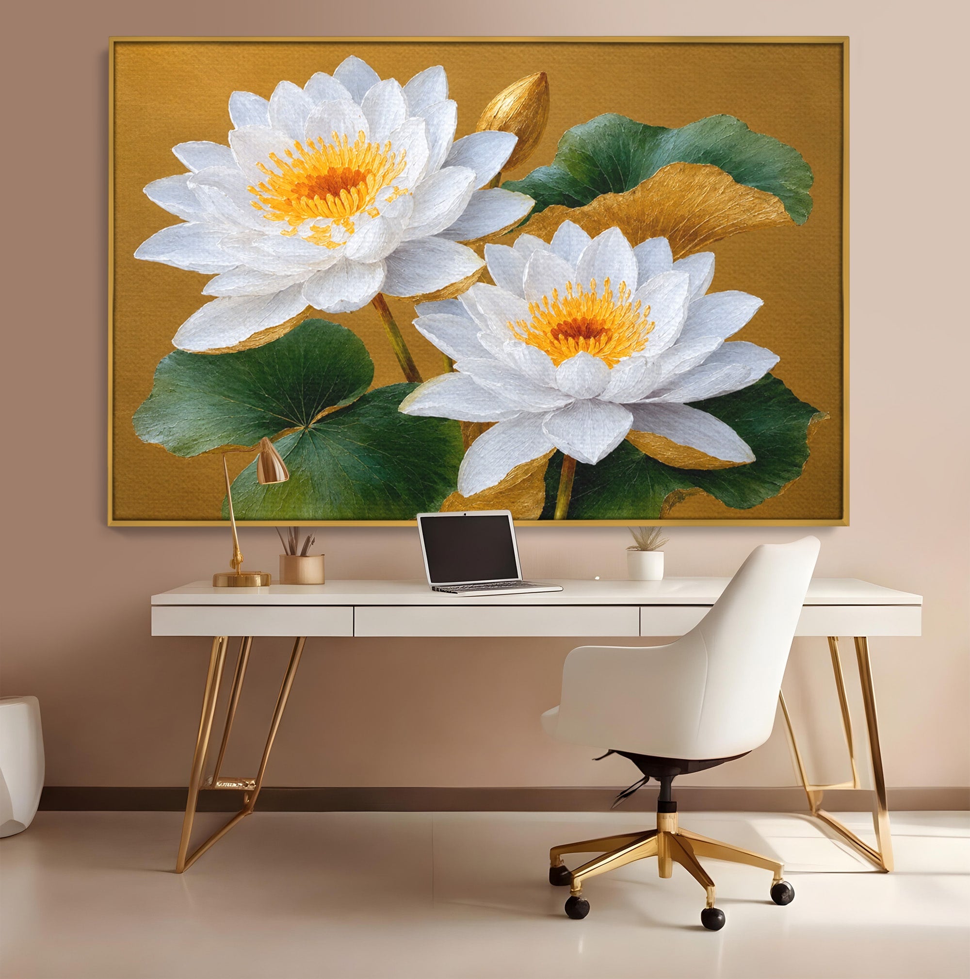 Tablou Canvas Premium LuxCanva® A1800, Serenitate Aurie, Flori, Lotus, Natura, Living, Dormitor, Culori Vibrante