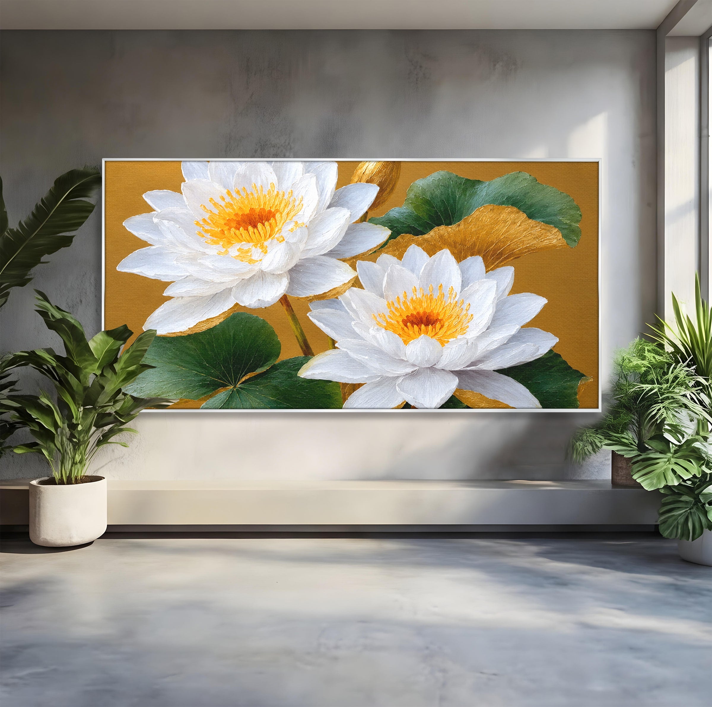 Tablou Canvas Premium LuxCanva® A1800, Serenitate Aurie, Flori, Lotus, Natura, Living, Dormitor, Culori Vibrante