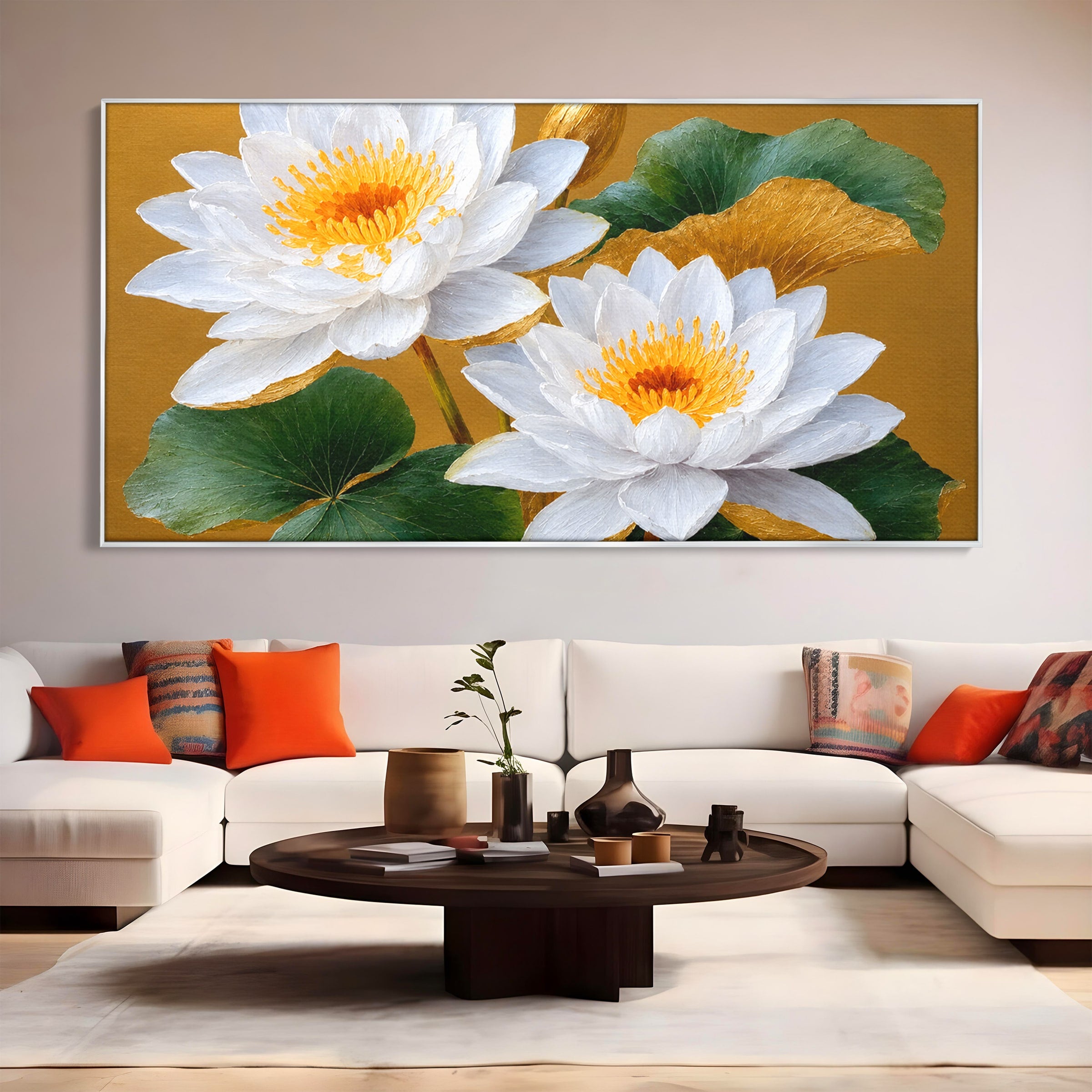 Tablou Canvas Premium LuxCanva® A1800, Serenitate Aurie, Flori, Lotus, Natura, Living, Dormitor, Culori Vibrante