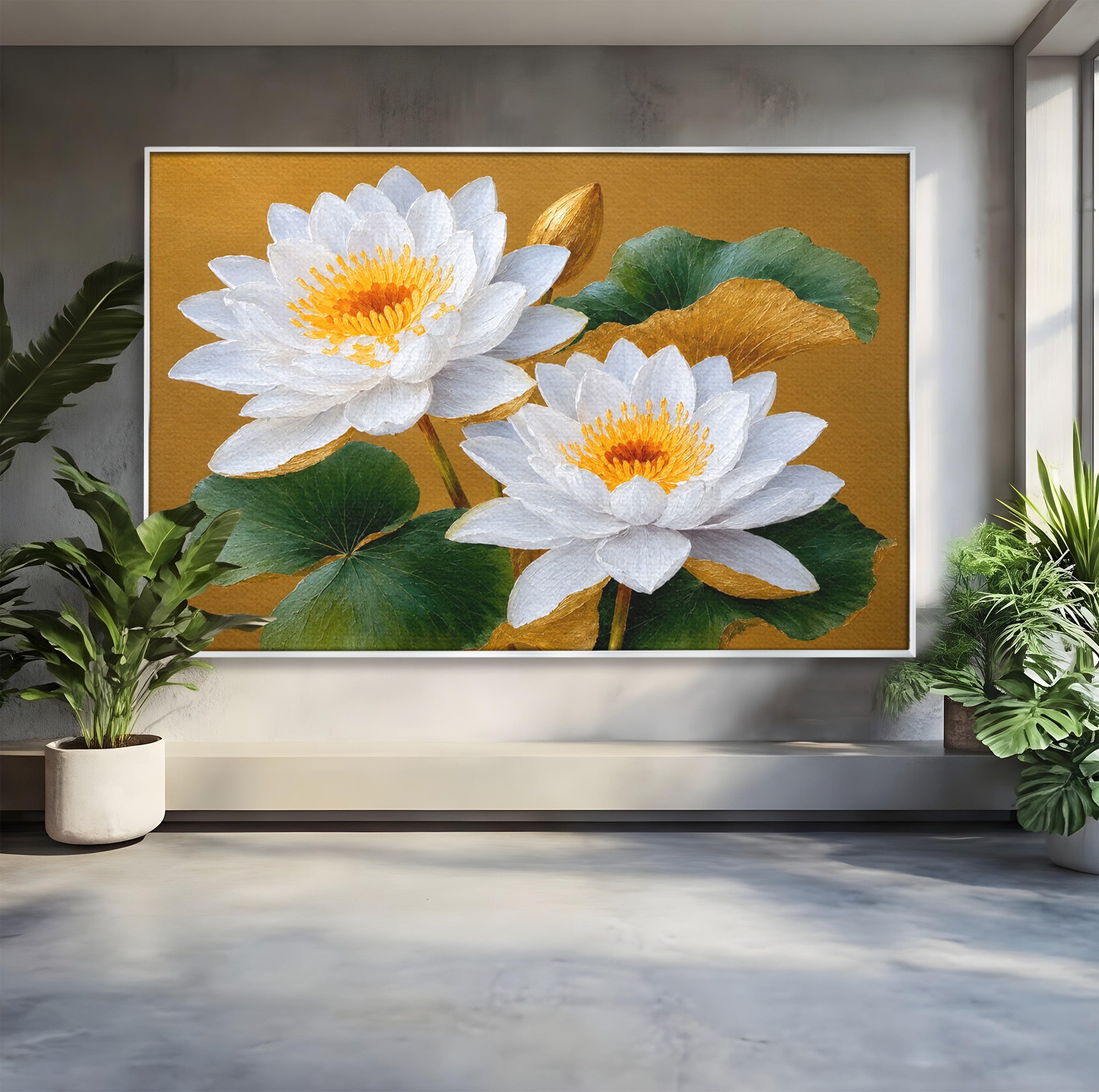 Tablou Canvas Premium LuxCanva® A1800, Serenitate Aurie, Flori, Lotus, Natura, Living, Dormitor, Culori Vibrante