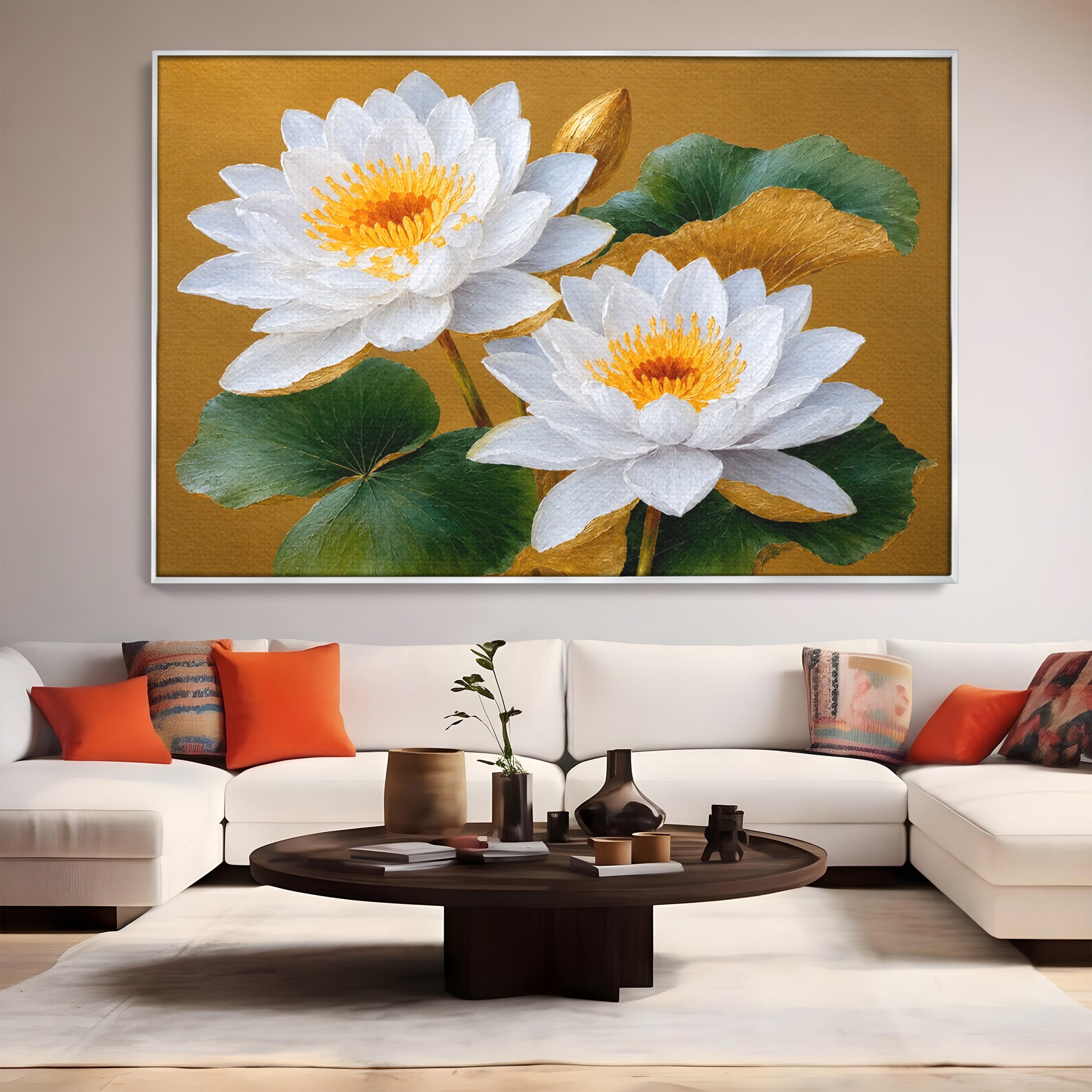 Tablou Canvas Premium LuxCanva® A1800, Serenitate Aurie, Flori, Lotus, Natura, Living, Dormitor, Culori Vibrante