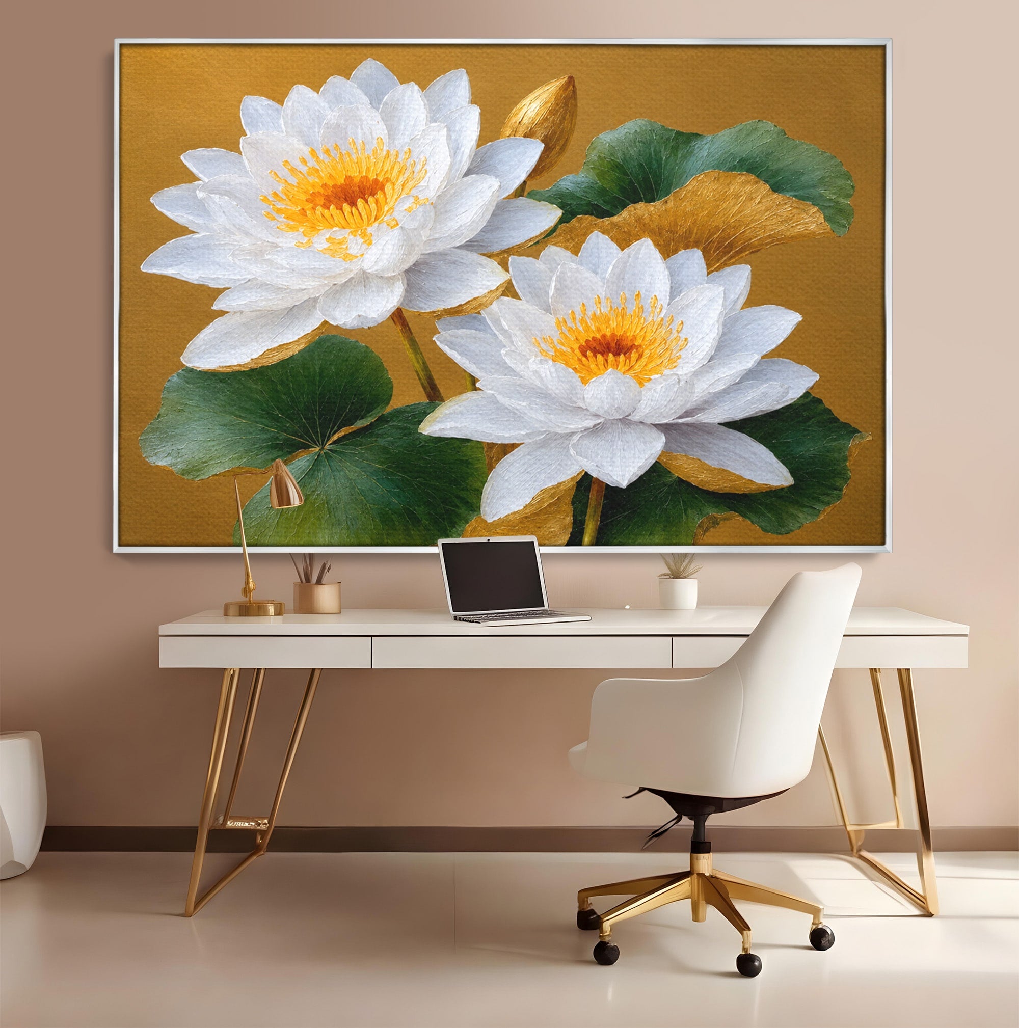 Tablou Canvas Premium LuxCanva® A1800, Serenitate Aurie, Flori, Lotus, Natura, Living, Dormitor, Culori Vibrante