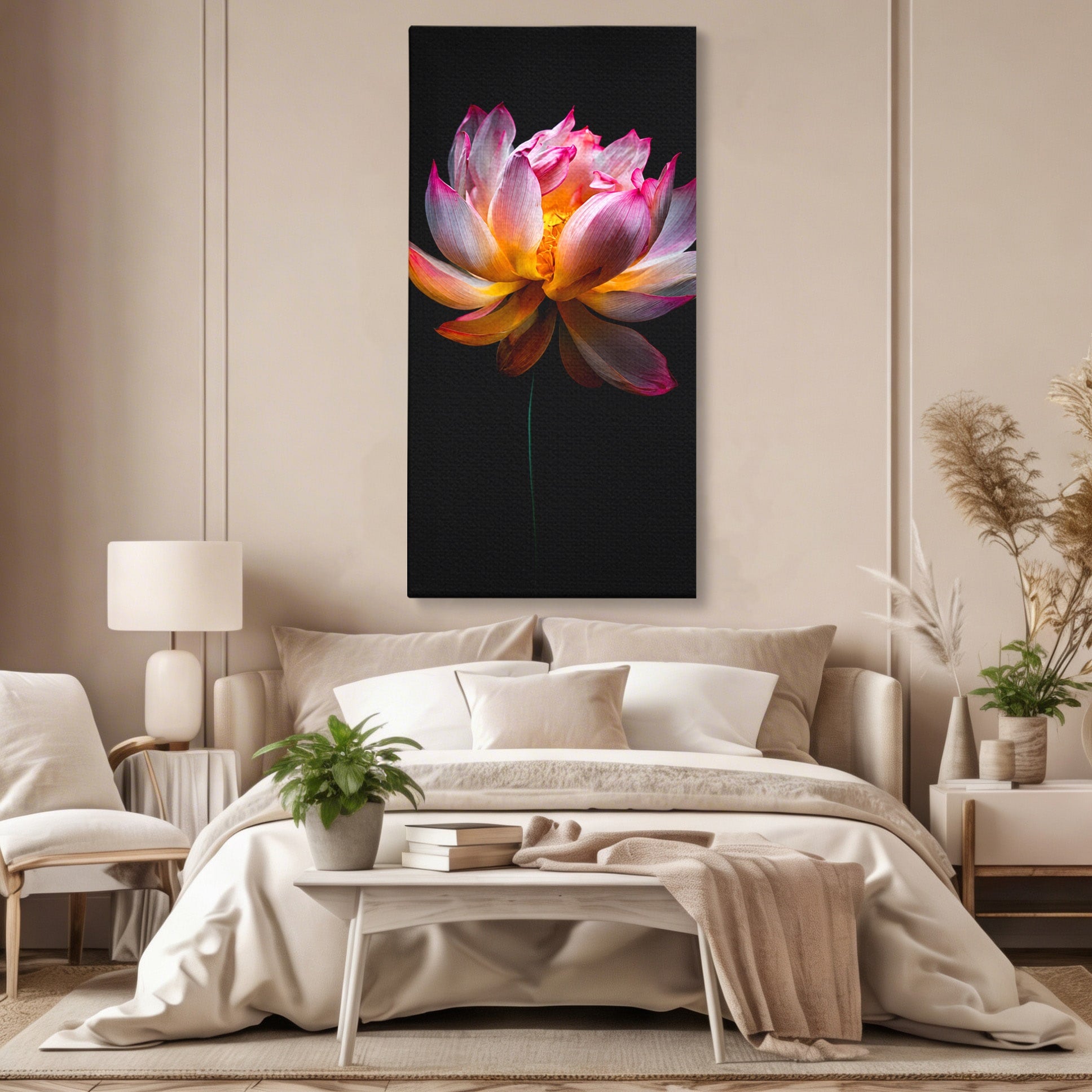 Tablou Canvas Premium LuxCanva® A1806, Splendoare Nocturnă, Lotus, Floare, Natura, Eleganta, Dormitor, Living, Culori Vibrante