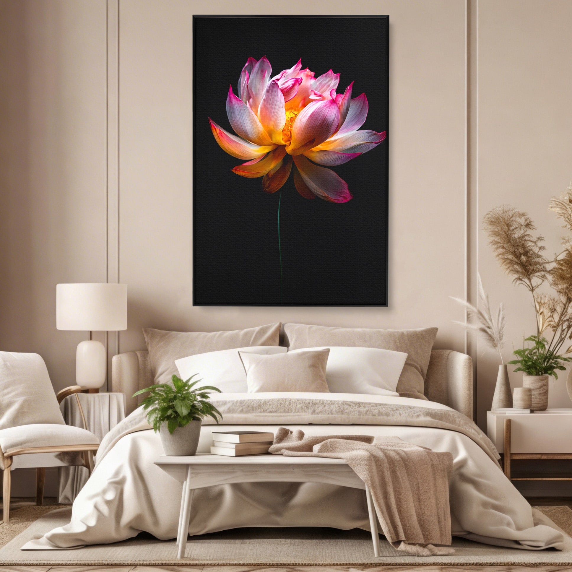 Tablou Canvas Premium LuxCanva® A1806, Splendoare Nocturnă, Lotus, Floare, Natura, Eleganta, Dormitor, Living, Culori Vibrante