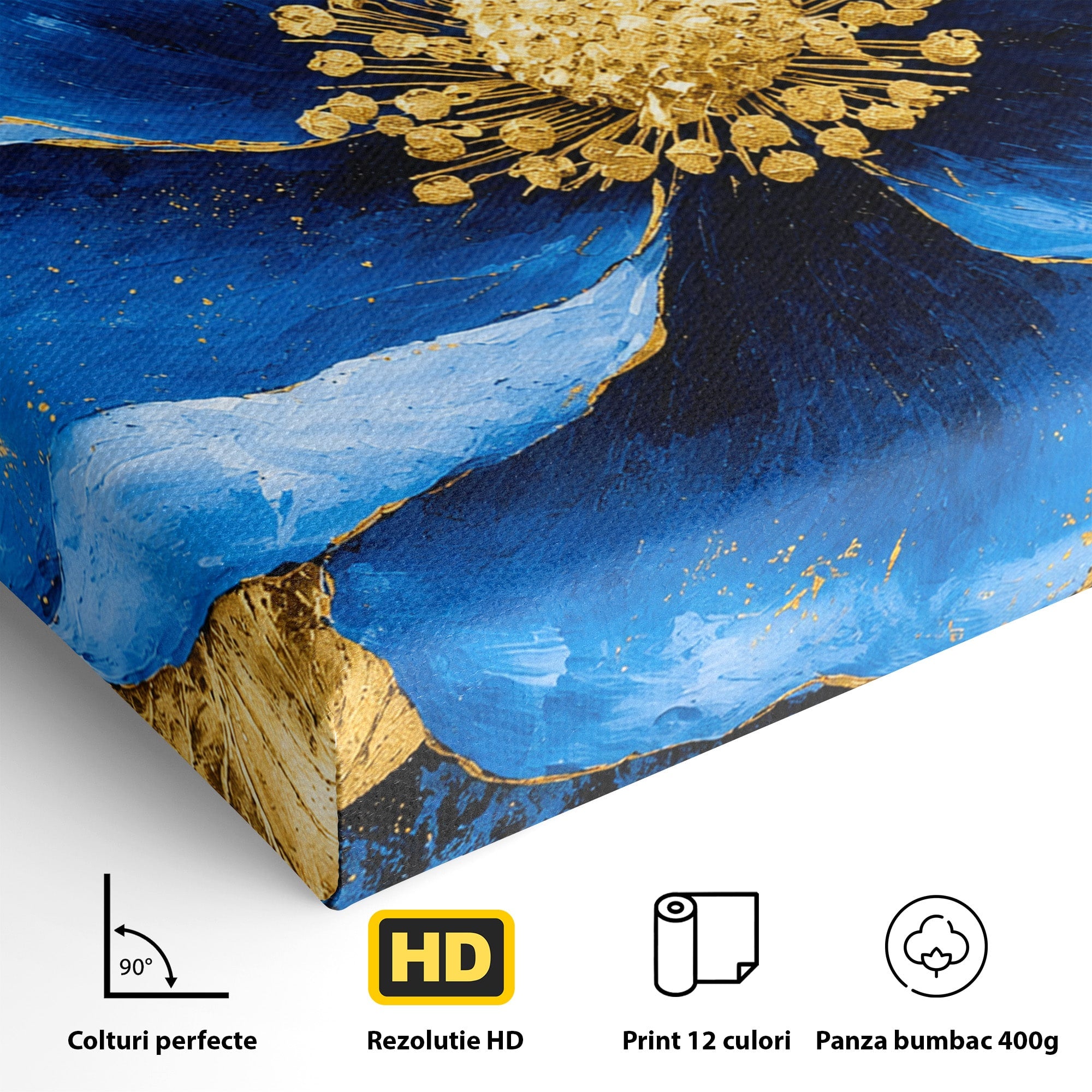Tablou Canvas Premium LuxCanva® A1807, Floare Albastra Aurie, Floare, Abstract, Eleganta, Living, Dormitor, Culori Vibrante