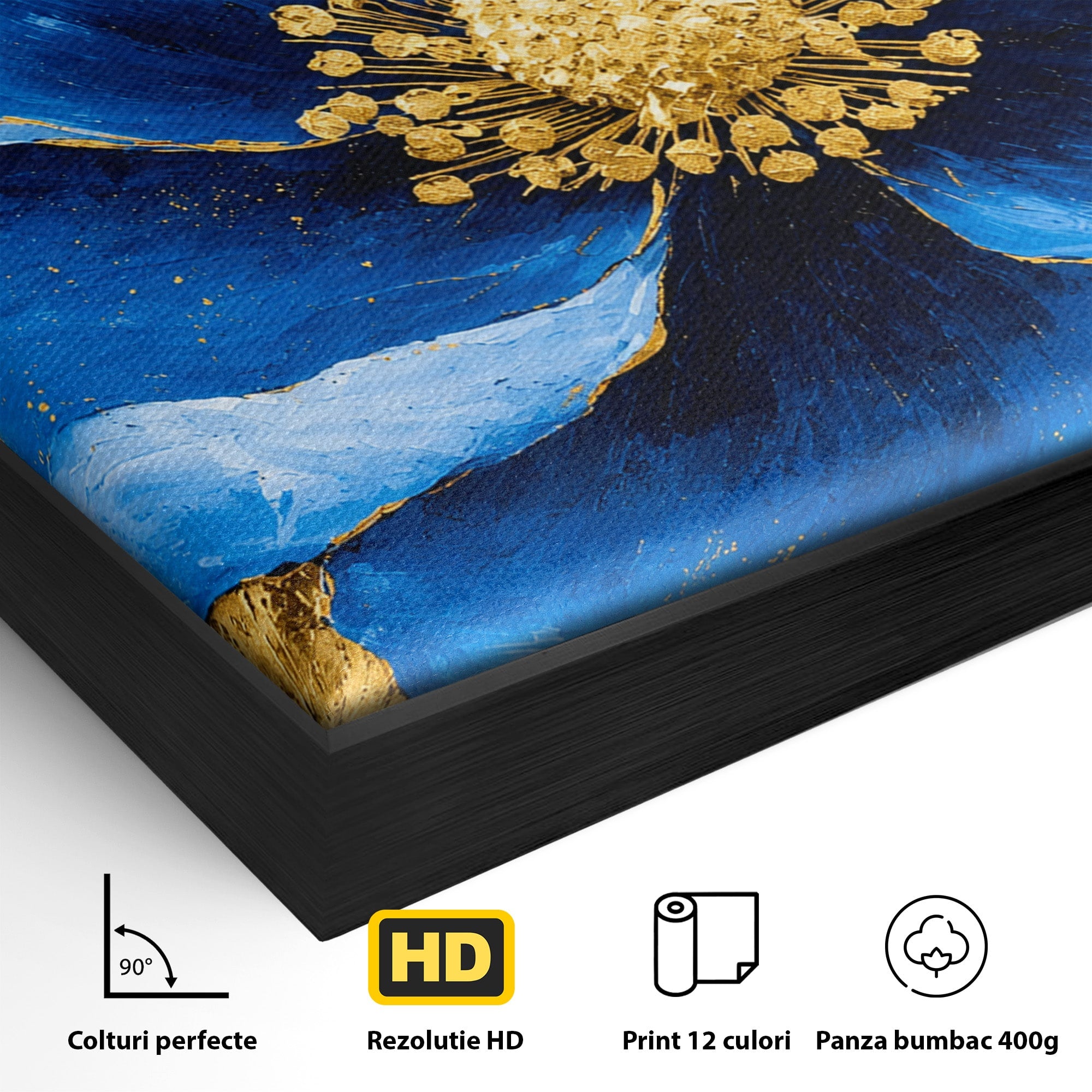Tablou Canvas Premium LuxCanva® A1807, Floare Albastra Aurie, Floare, Abstract, Eleganta, Living, Dormitor, Culori Vibrante