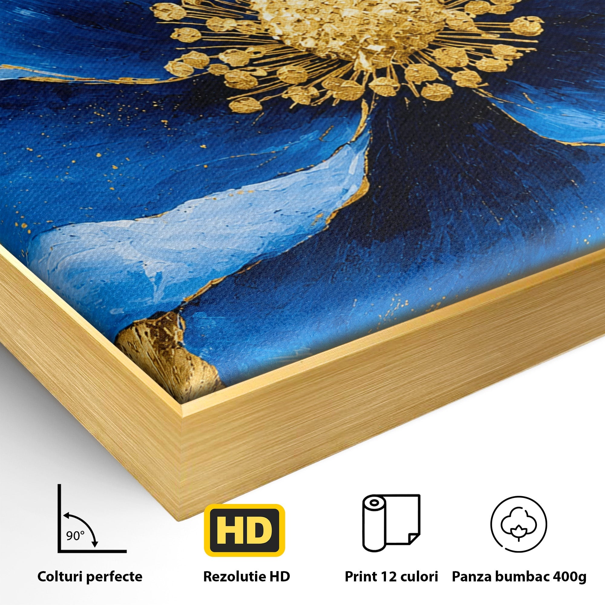 Tablou Canvas Premium LuxCanva® A1807, Floare Albastra Aurie, Floare, Abstract, Eleganta, Living, Dormitor, Culori Vibrante