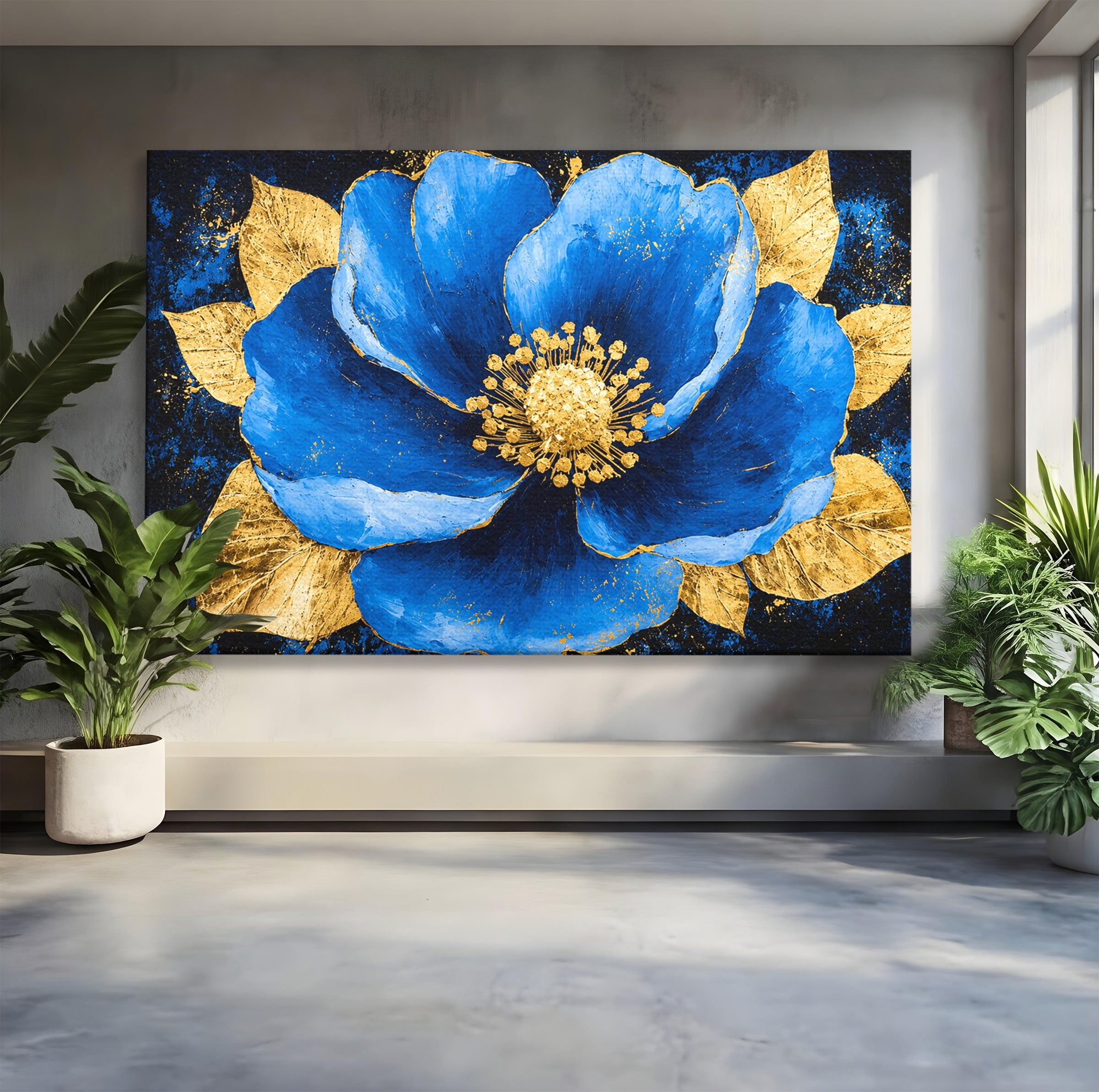 Tablou Canvas Premium LuxCanva® A1807, Floare Albastra Aurie, Floare, Abstract, Eleganta, Living, Dormitor, Culori Vibrante