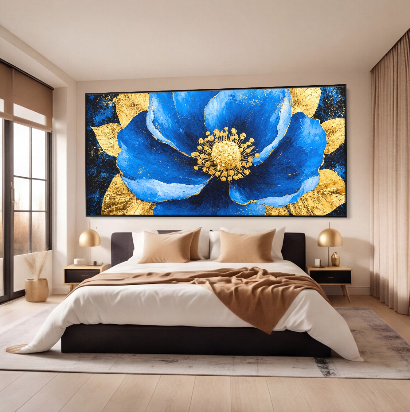 Tablou Canvas Premium LuxCanva® A1807, Floare Albastra Aurie, Floare, Abstract, Eleganta, Living, Dormitor, Culori Vibrante