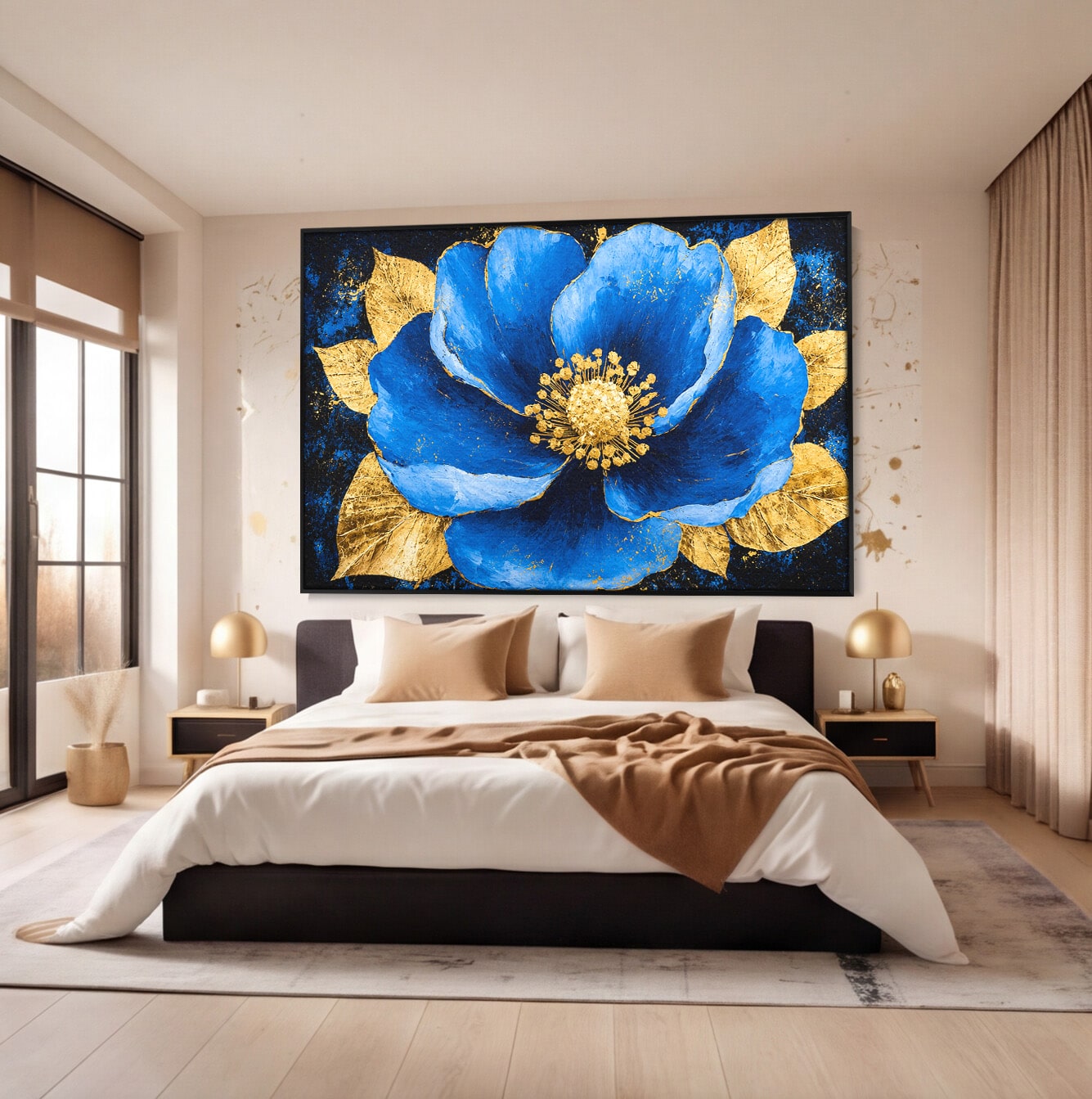 Tablou Canvas Premium LuxCanva® A1807, Floare Albastra Aurie, Floare, Abstract, Eleganta, Living, Dormitor, Culori Vibrante