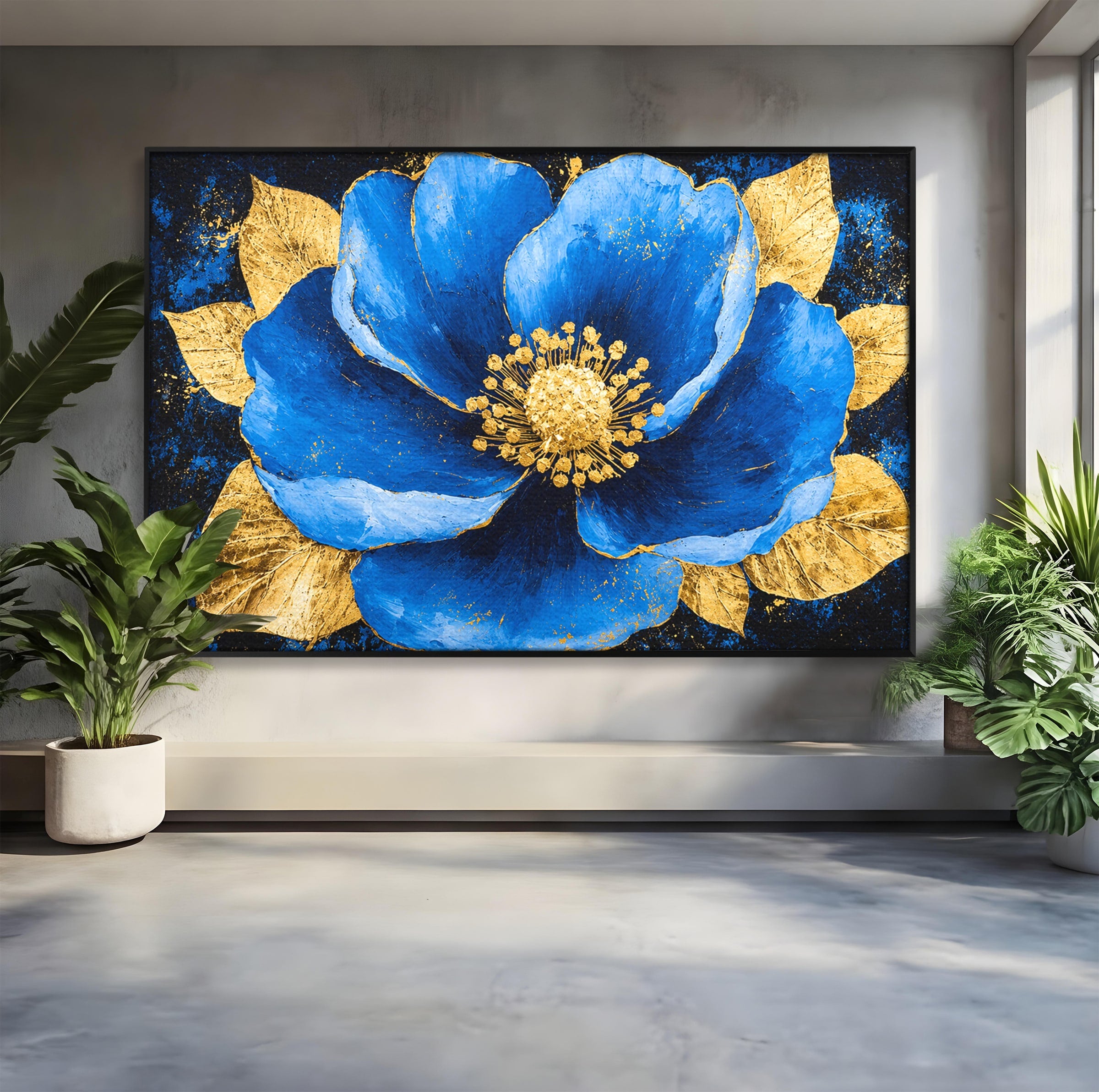 Tablou Canvas Premium LuxCanva® A1807, Floare Albastra Aurie, Floare, Abstract, Eleganta, Living, Dormitor, Culori Vibrante