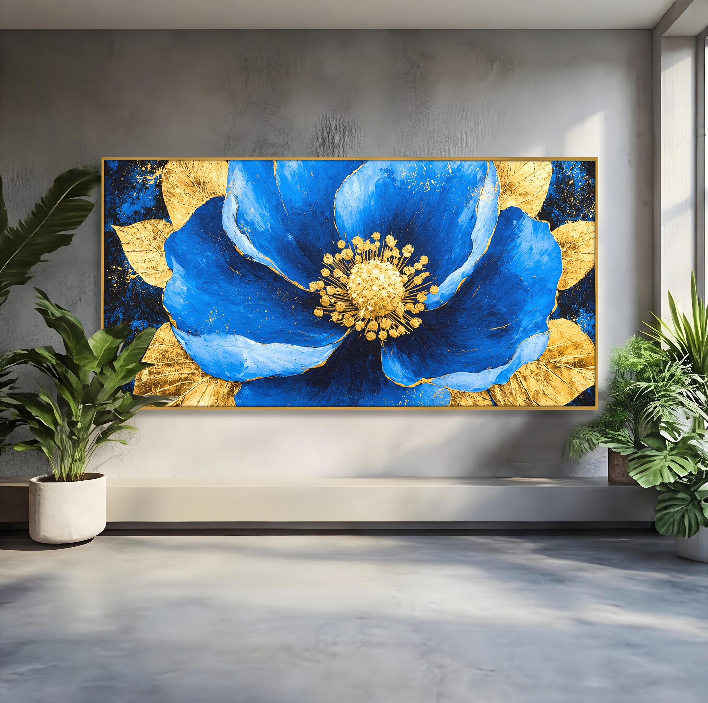 Tablou Canvas Premium LuxCanva® A1807, Floare Albastra Aurie, Floare, Abstract, Eleganta, Living, Dormitor, Culori Vibrante