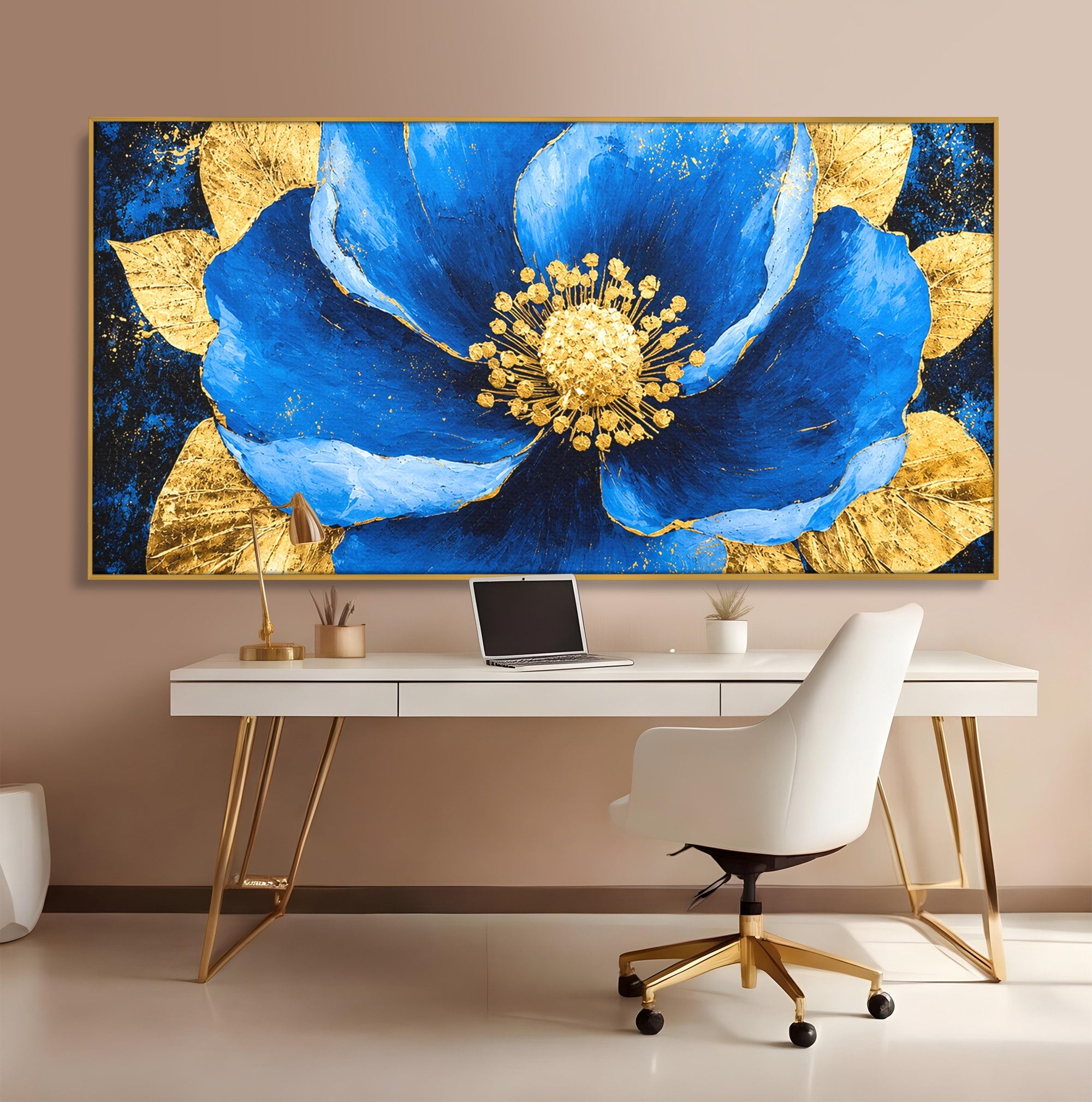 Tablou Canvas Premium LuxCanva® A1807, Floare Albastra Aurie, Floare, Abstract, Eleganta, Living, Dormitor, Culori Vibrante
