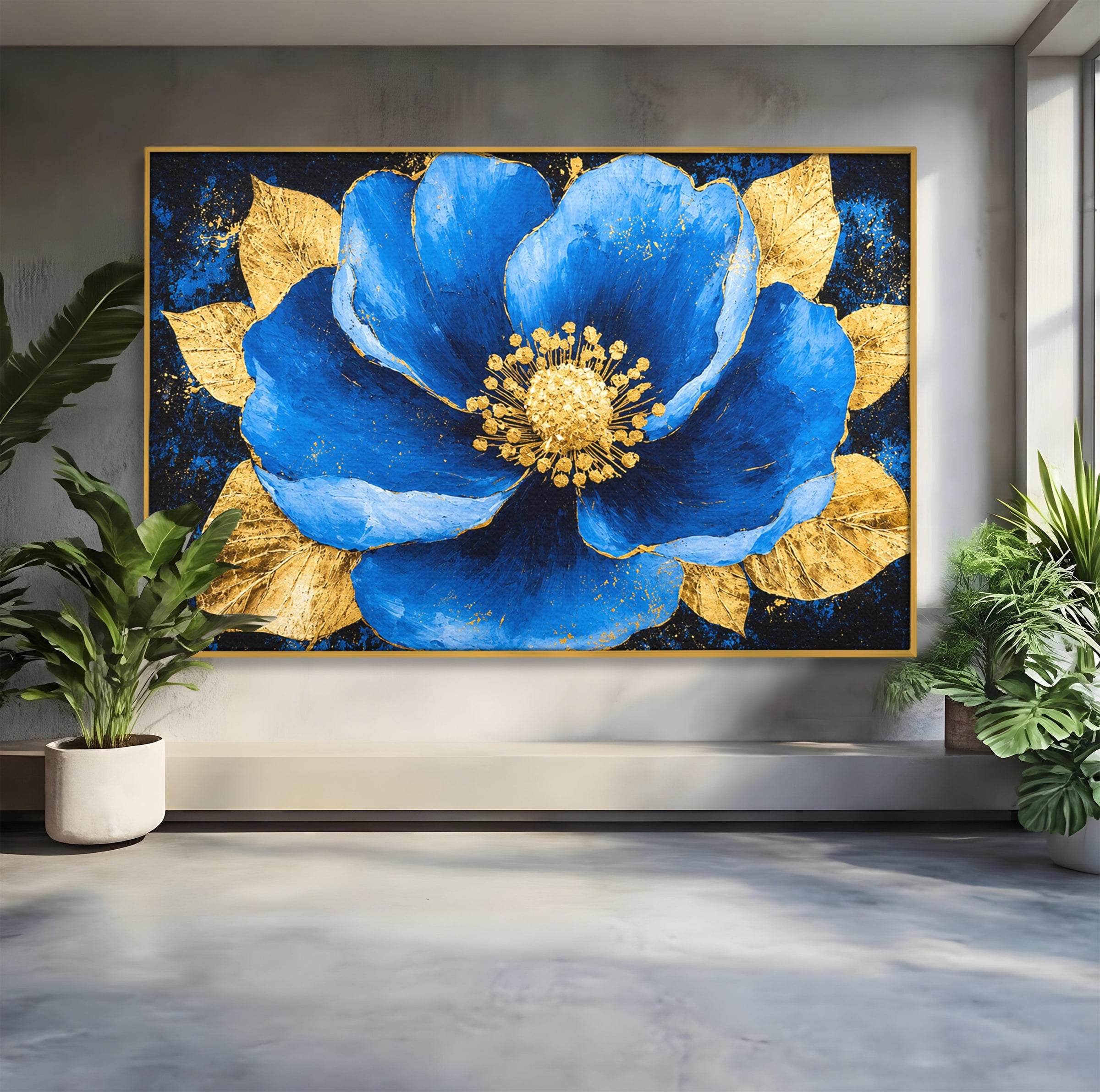 Tablou Canvas Premium LuxCanva® A1807, Floare Albastra Aurie, Floare, Abstract, Eleganta, Living, Dormitor, Culori Vibrante