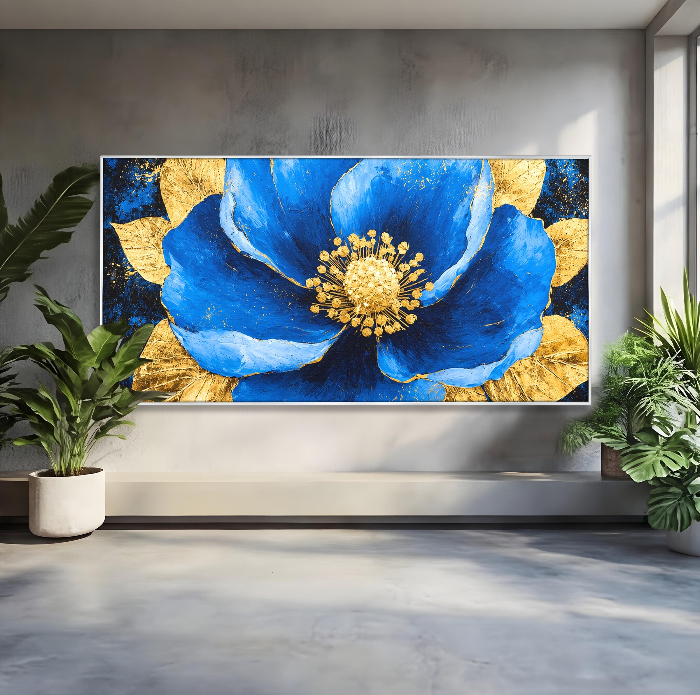 Tablou Canvas Premium LuxCanva® A1807, Floare Albastra Aurie, Floare, Abstract, Eleganta, Living, Dormitor, Culori Vibrante