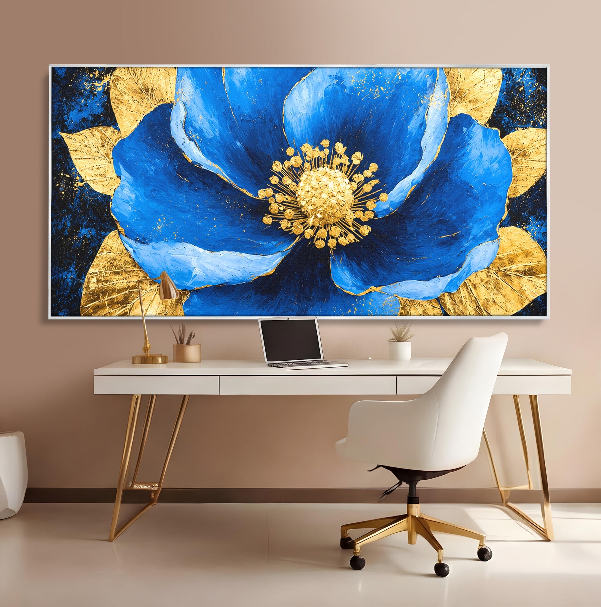 Tablou Canvas Premium LuxCanva® A1807, Floare Albastra Aurie, Floare, Abstract, Eleganta, Living, Dormitor, Culori Vibrante
