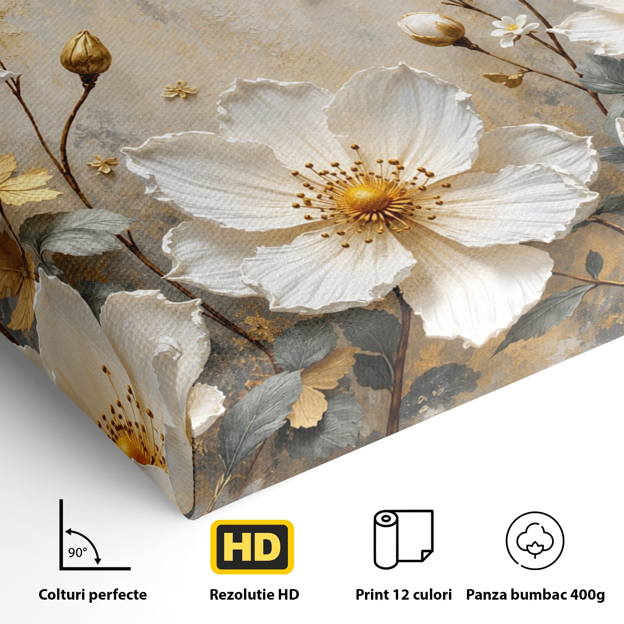 Tablou Canvas Premium LuxCanva® A1811, Flori Aurii Elegante, Flori, Eleganta, Natura, Dormitor, Living, Culori Vibrante