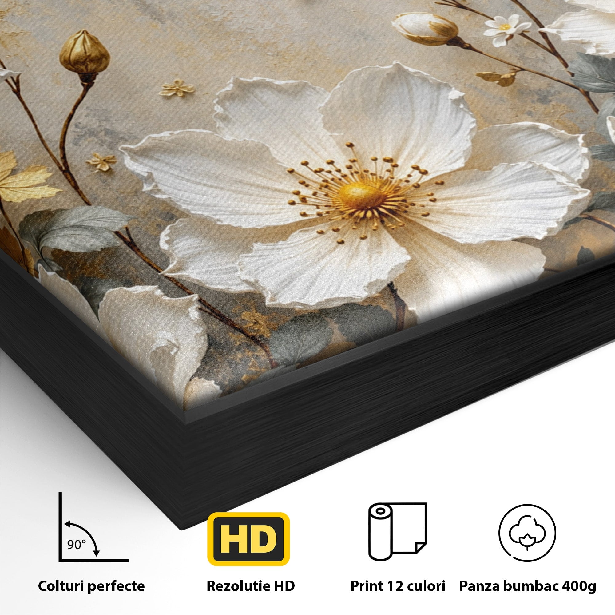 Tablou Canvas Premium LuxCanva® A1811, Flori Aurii Elegante, Flori, Eleganta, Natura, Dormitor, Living, Culori Vibrante