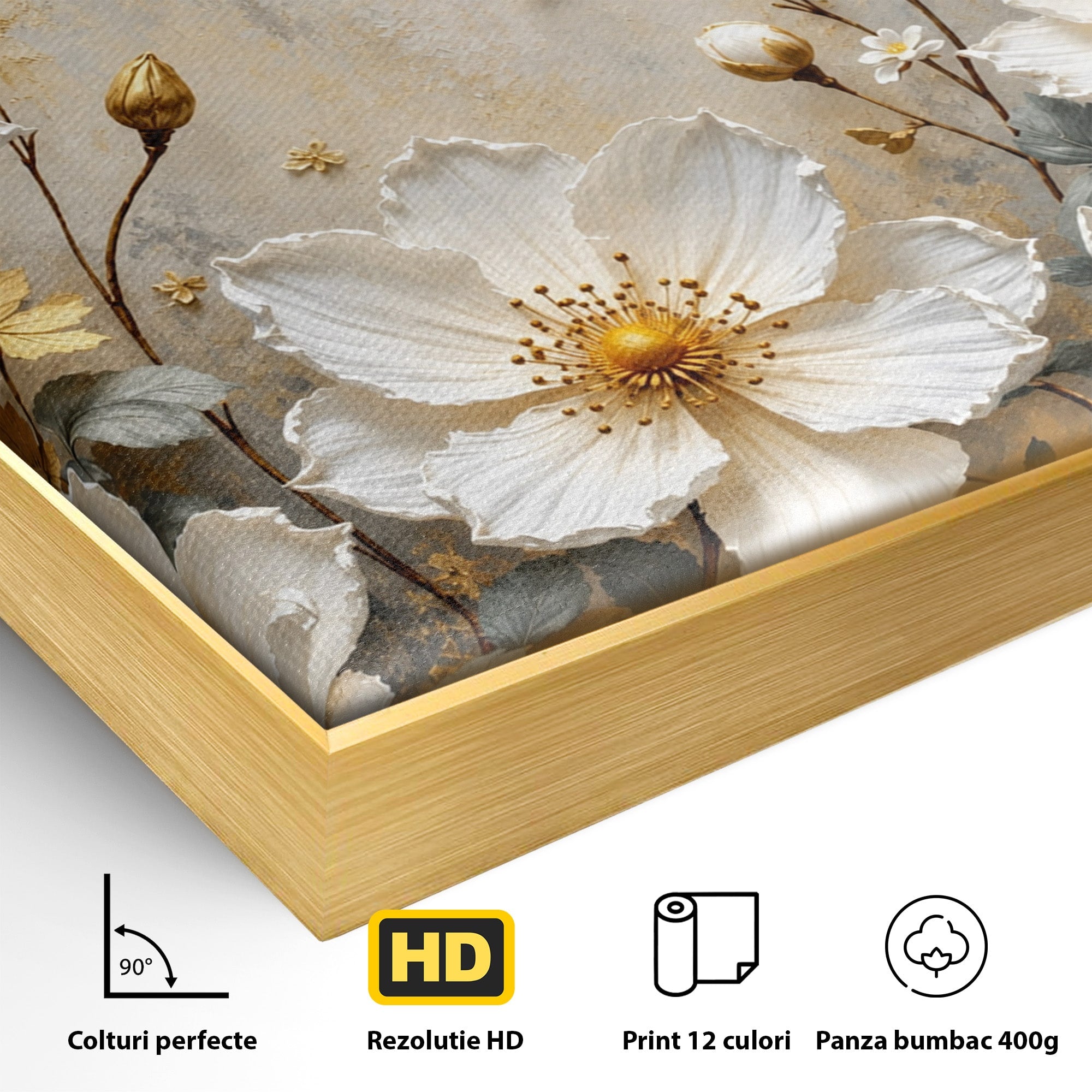 Tablou Canvas Premium LuxCanva® A1811, Flori Aurii Elegante, Flori, Eleganta, Natura, Dormitor, Living, Culori Vibrante