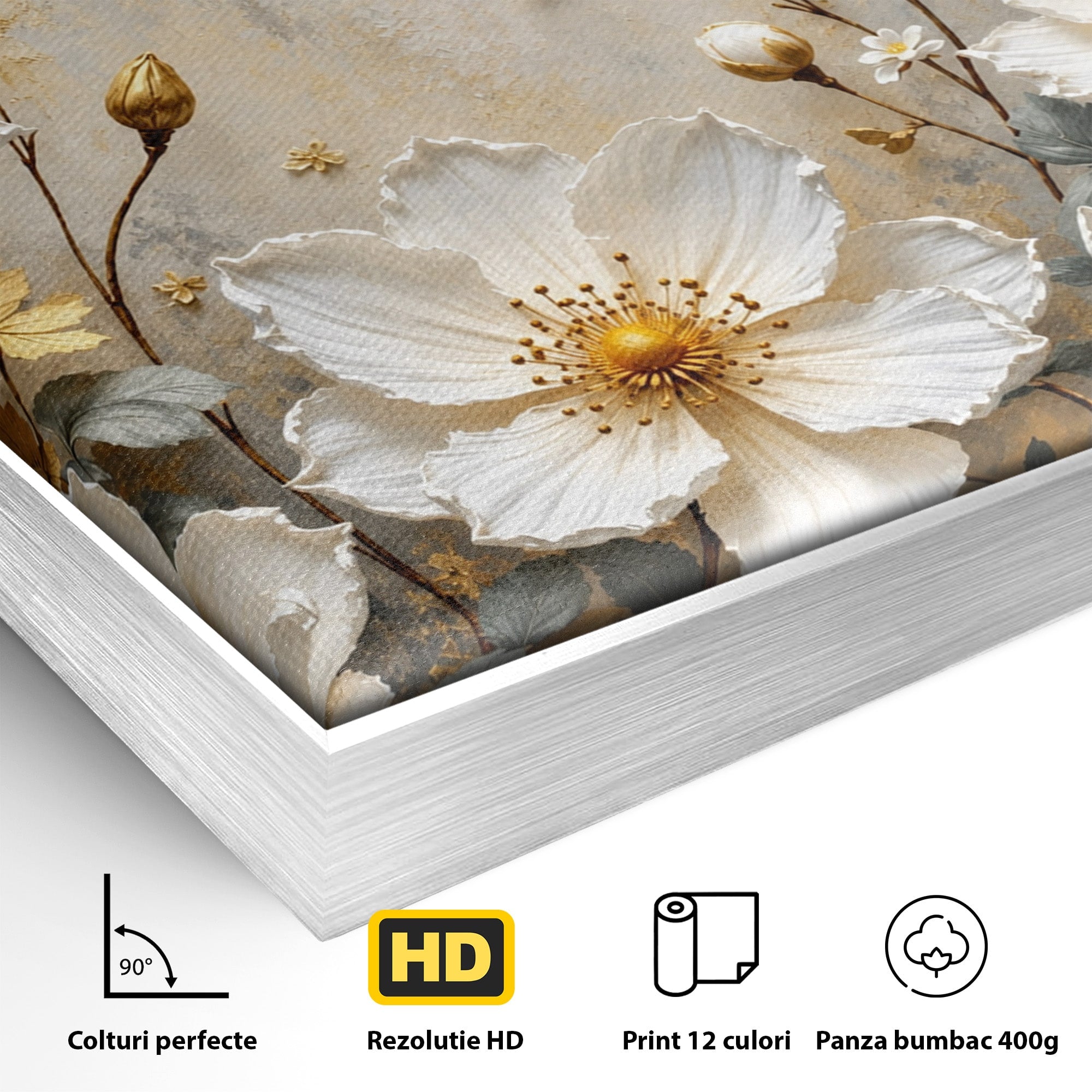 Tablou Canvas Premium LuxCanva® A1811, Flori Aurii Elegante, Flori, Eleganta, Natura, Dormitor, Living, Culori Vibrante