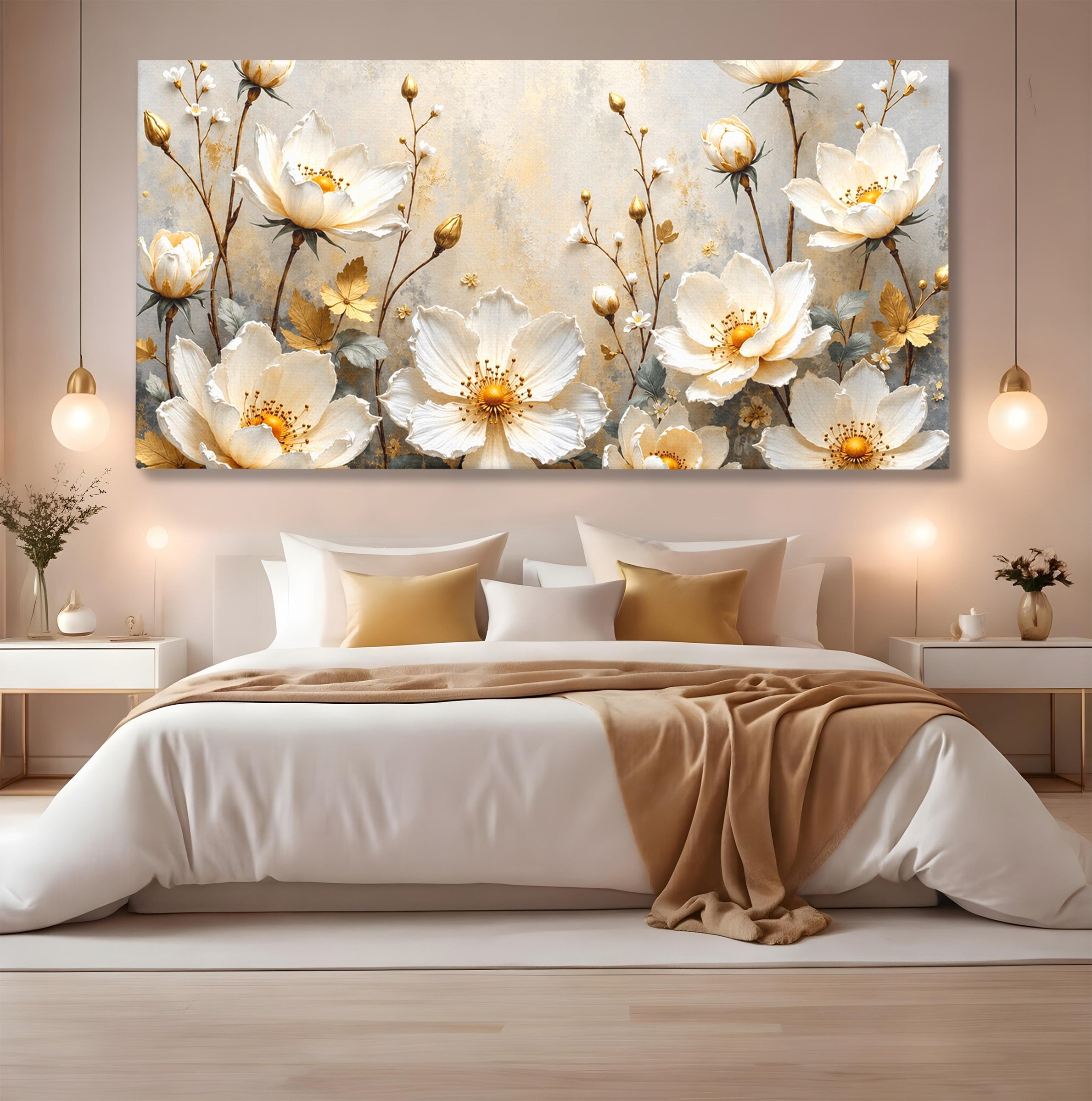 Tablou Canvas Premium LuxCanva® A1811, Flori Aurii Elegante, Flori, Eleganta, Natura, Dormitor, Living, Culori Vibrante