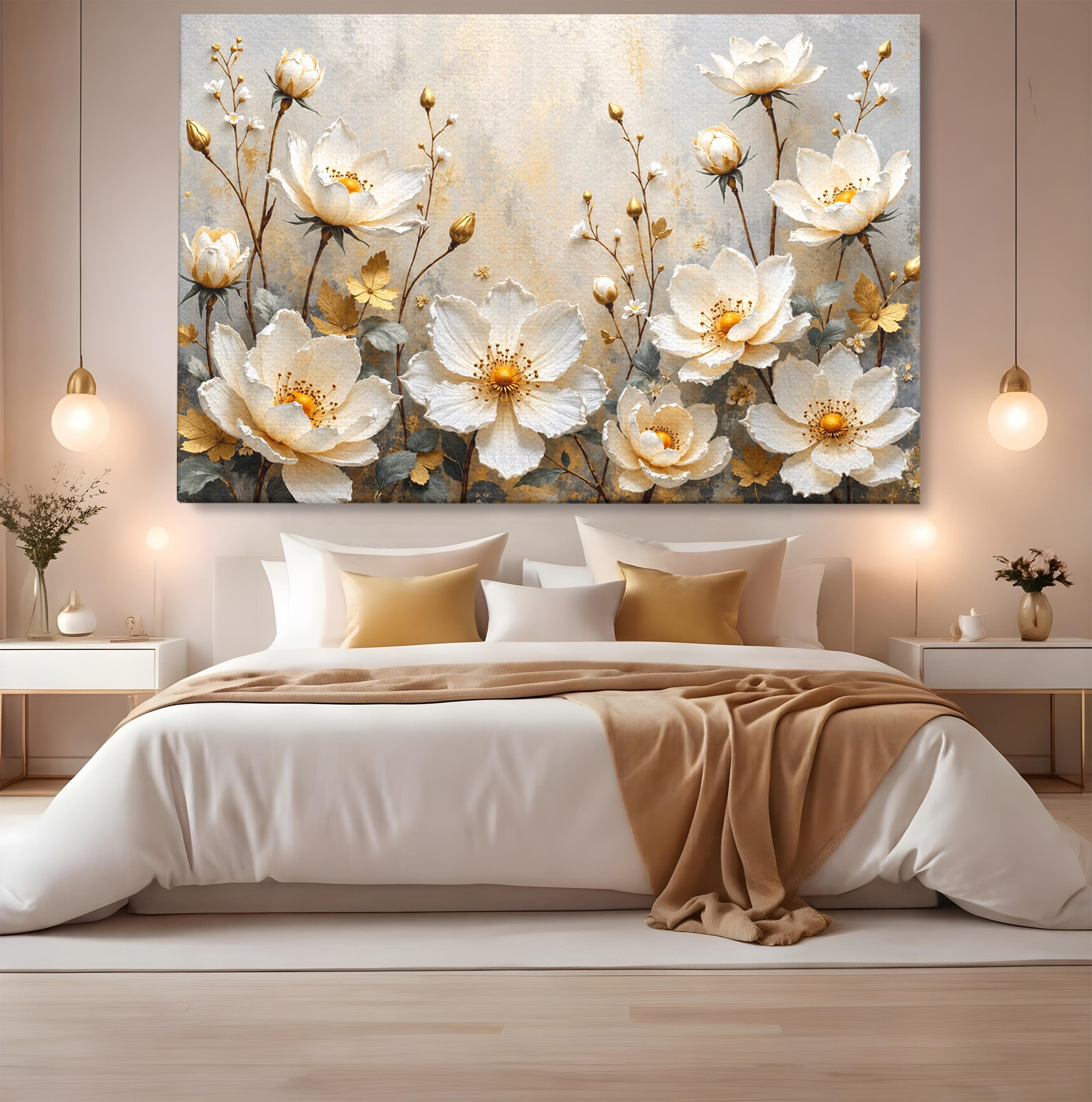 Tablou Canvas Premium LuxCanva® A1811, Flori Aurii Elegante, Flori, Eleganta, Natura, Dormitor, Living, Culori Vibrante