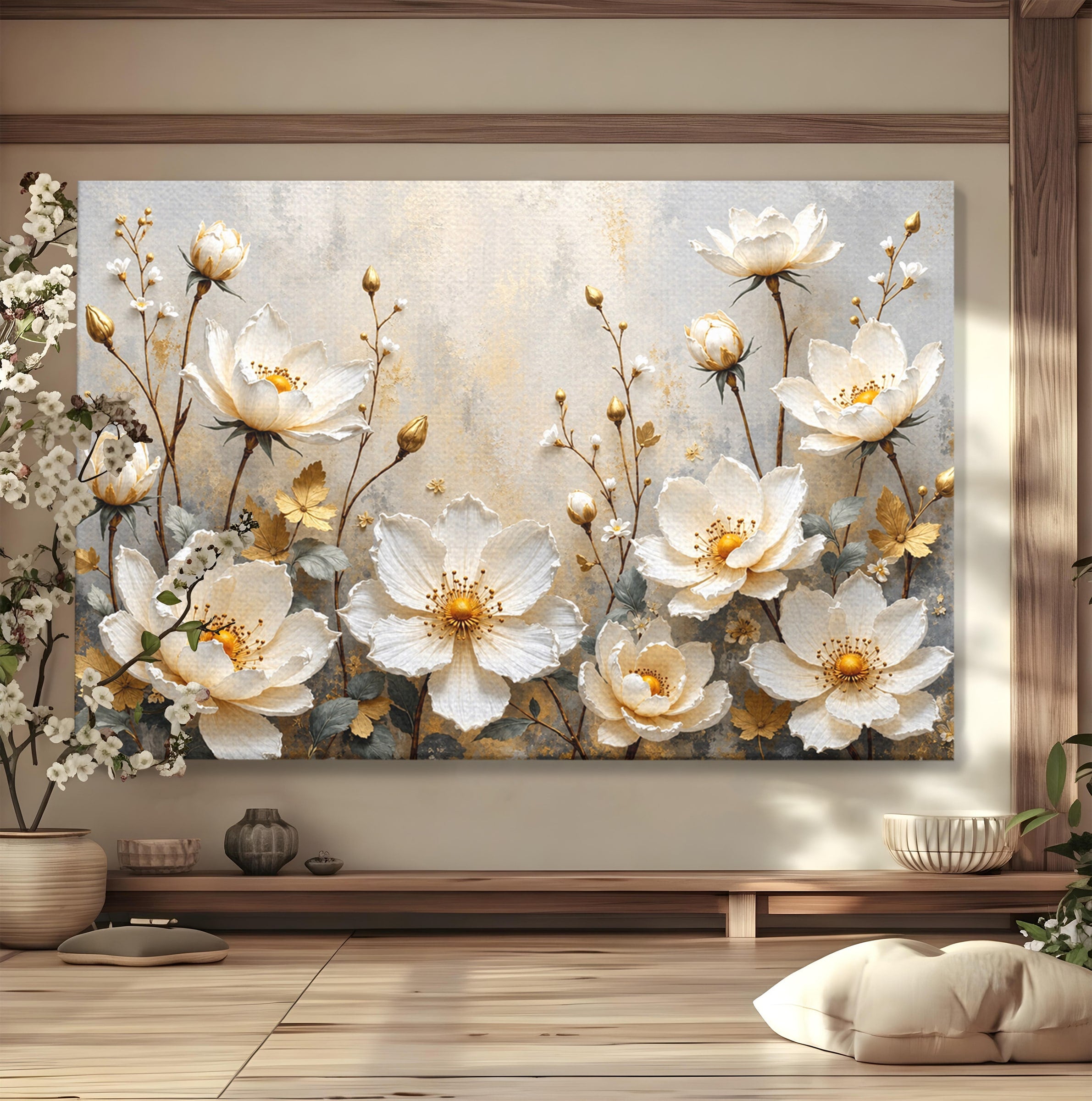 Tablou Canvas Premium LuxCanva® A1811, Flori Aurii Elegante, Flori, Eleganta, Natura, Dormitor, Living, Culori Vibrante