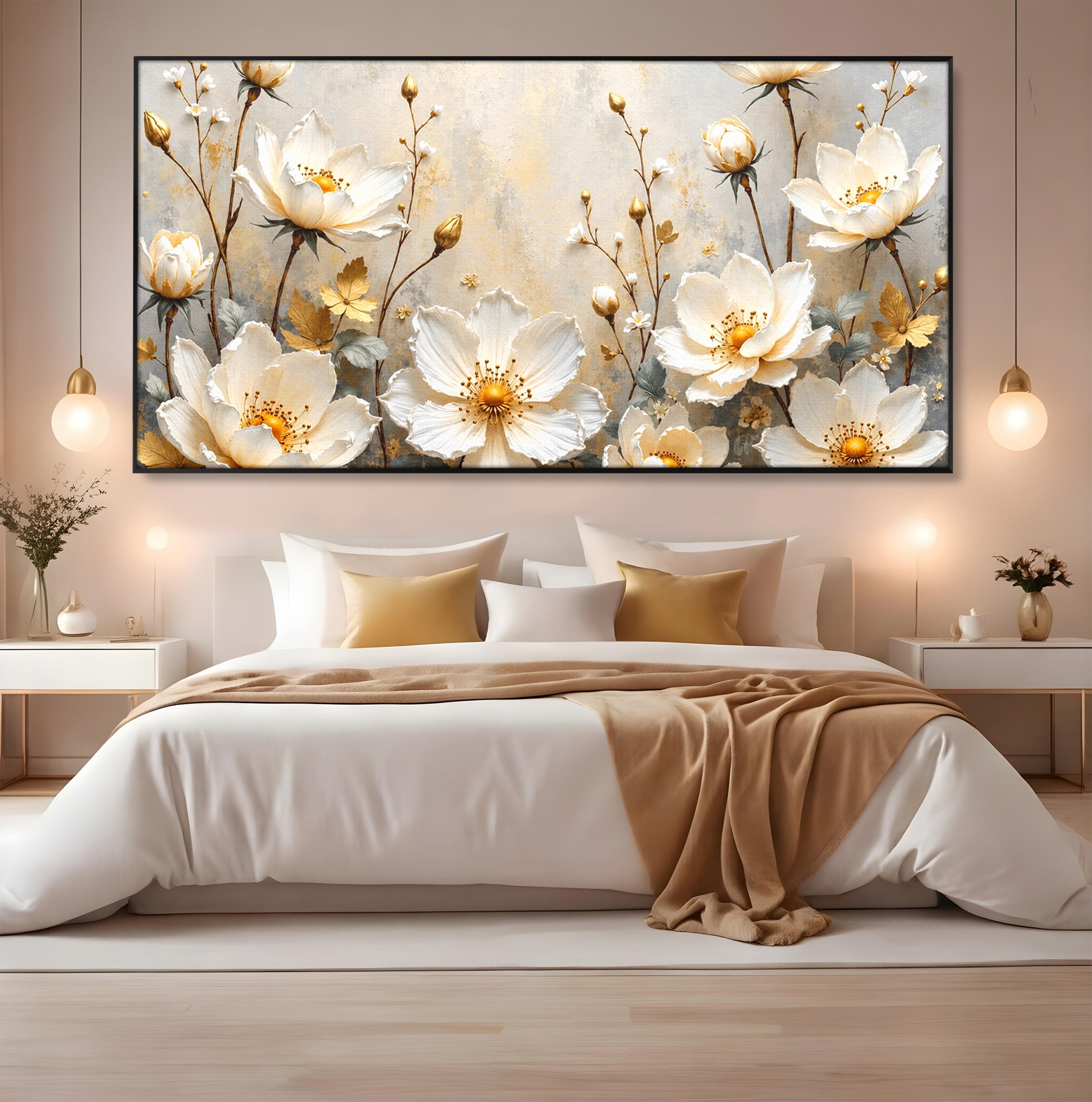 Tablou Canvas Premium LuxCanva® A1811, Flori Aurii Elegante, Flori, Eleganta, Natura, Dormitor, Living, Culori Vibrante
