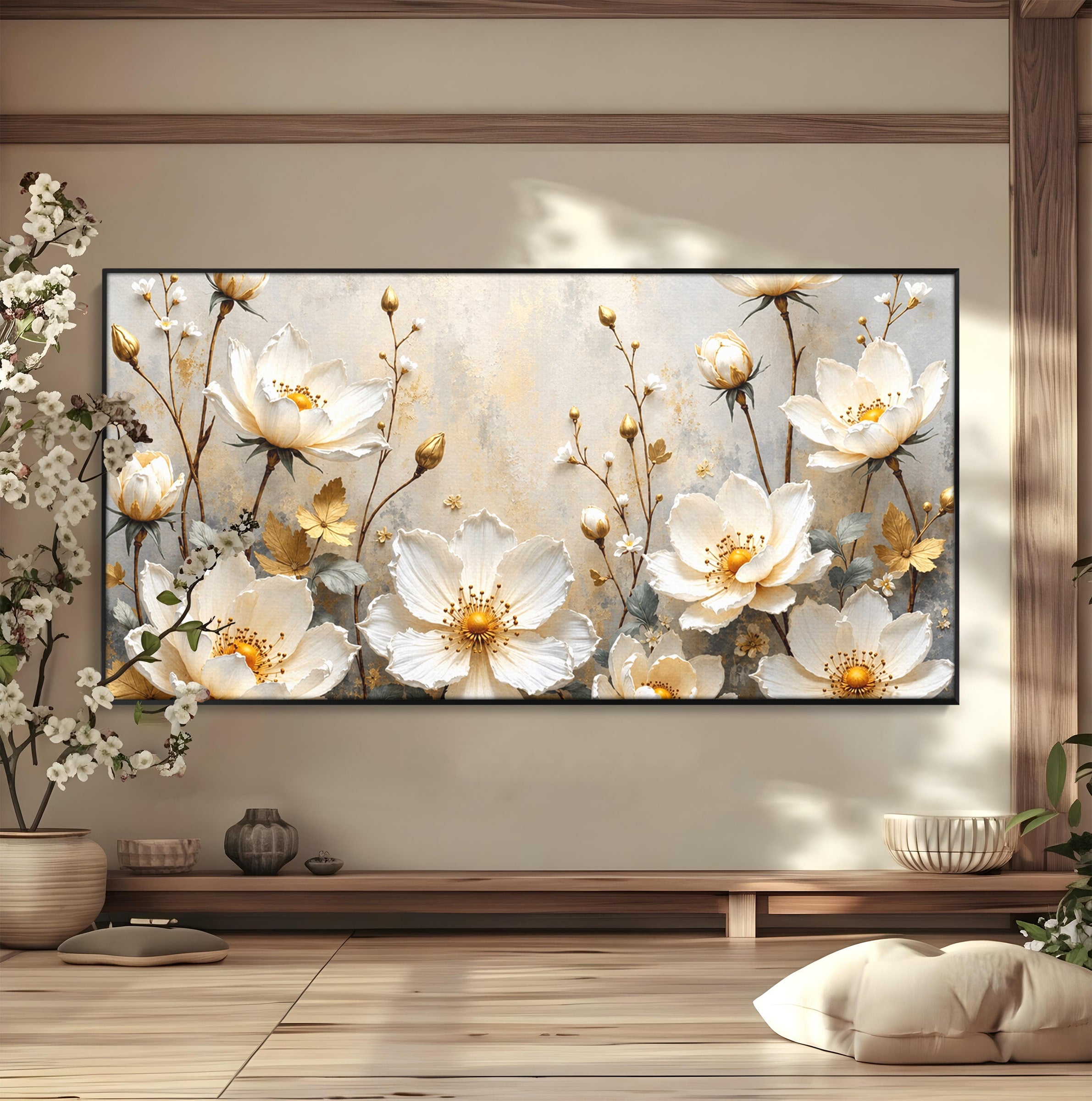 Tablou Canvas Premium LuxCanva® A1811, Flori Aurii Elegante, Flori, Eleganta, Natura, Dormitor, Living, Culori Vibrante