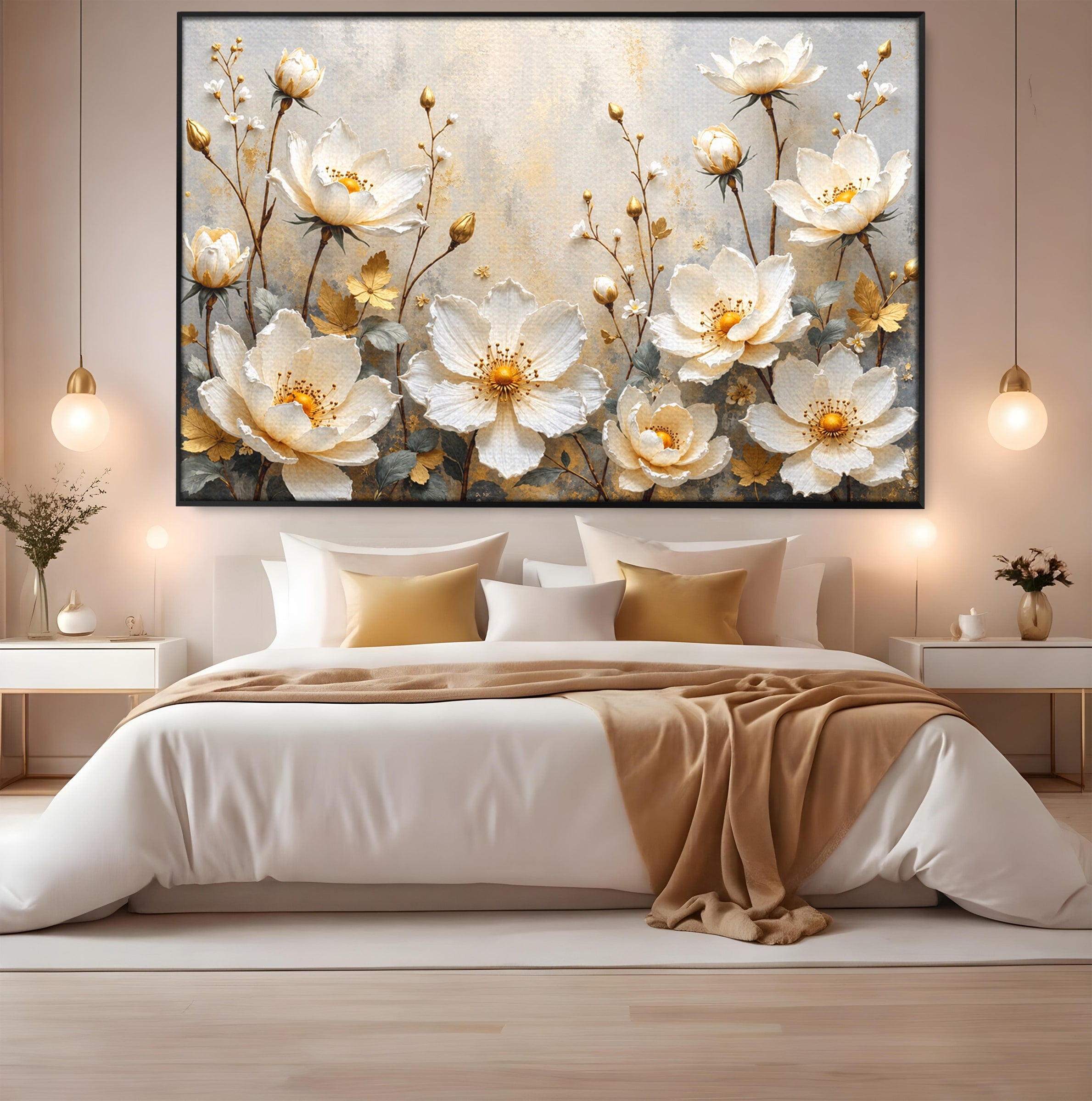 Tablou Canvas Premium LuxCanva® A1811, Flori Aurii Elegante, Flori, Eleganta, Natura, Dormitor, Living, Culori Vibrante