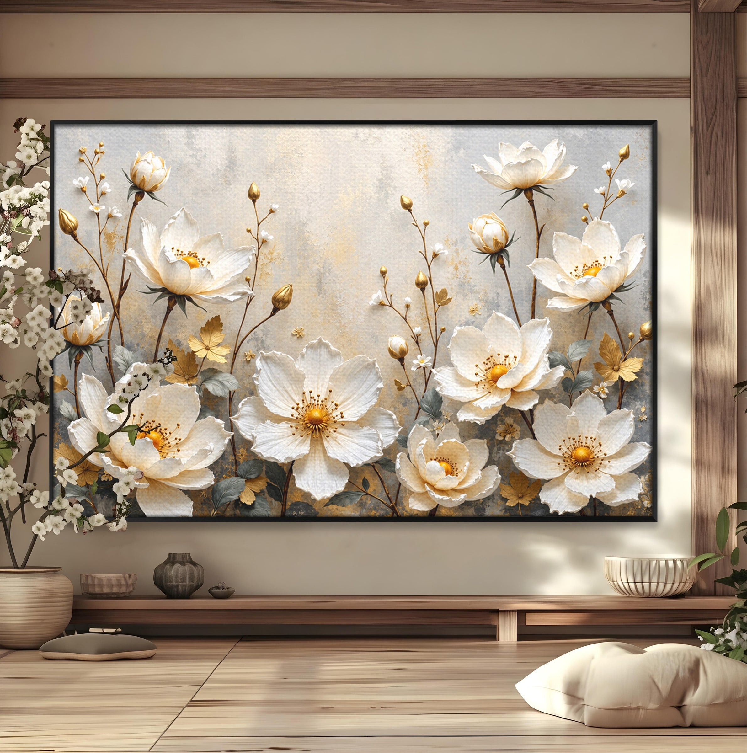 Tablou Canvas Premium LuxCanva® A1811, Flori Aurii Elegante, Flori, Eleganta, Natura, Dormitor, Living, Culori Vibrante
