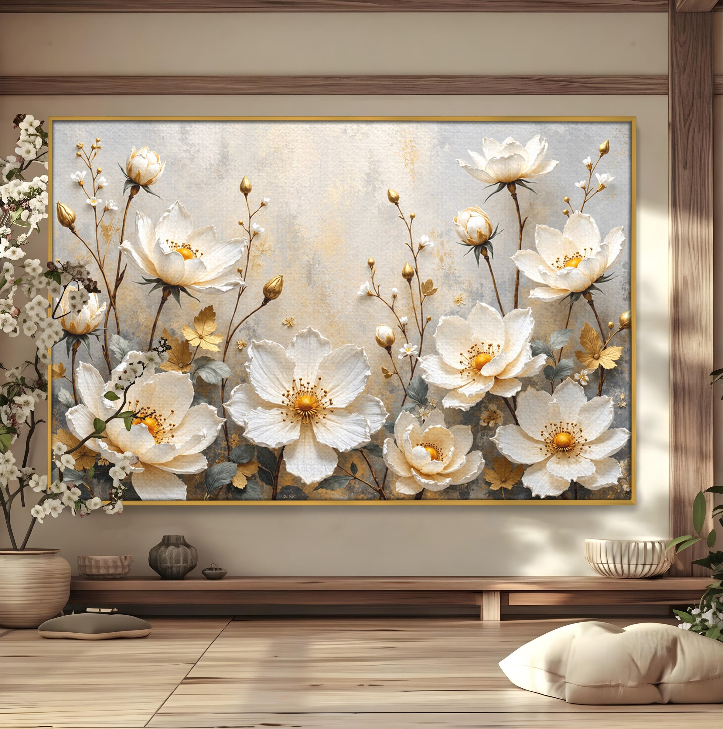 Tablou Canvas Premium LuxCanva® A1811, Flori Aurii Elegante, Flori, Eleganta, Natura, Dormitor, Living, Culori Vibrante