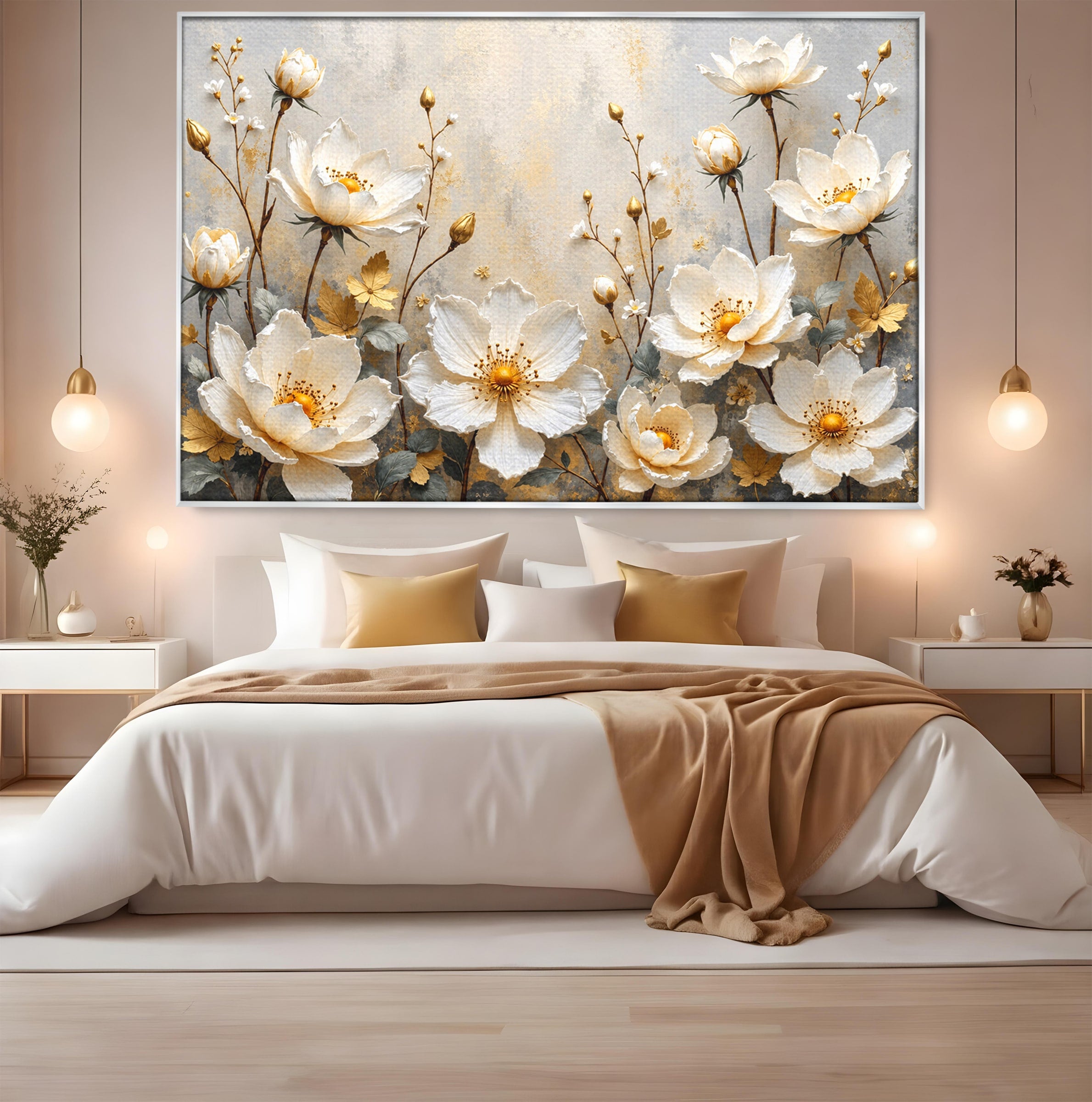 Tablou Canvas Premium LuxCanva® A1811, Flori Aurii Elegante, Flori, Eleganta, Natura, Dormitor, Living, Culori Vibrante