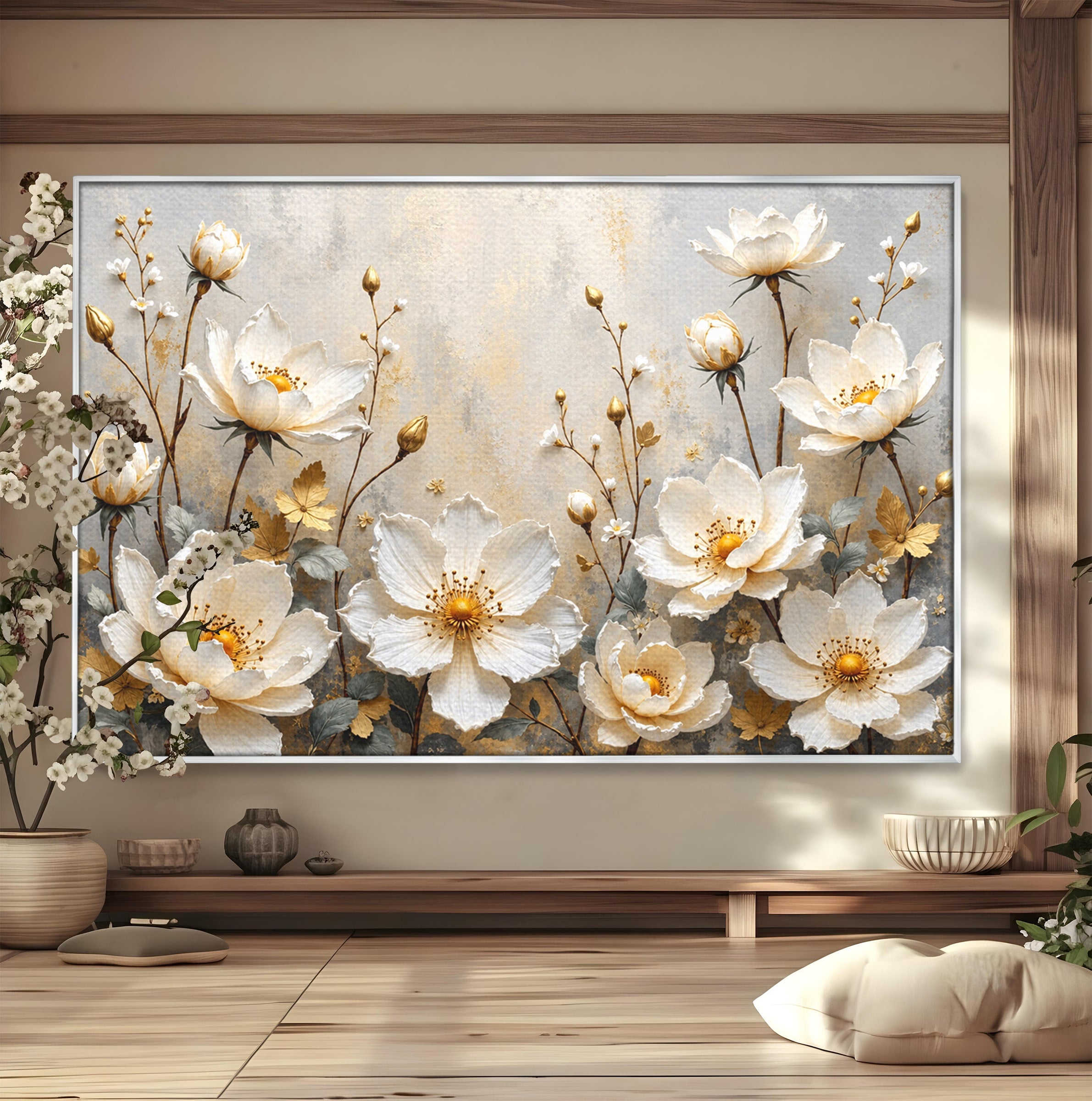 Tablou Canvas Premium LuxCanva® A1811, Flori Aurii Elegante, Flori, Eleganta, Natura, Dormitor, Living, Culori Vibrante