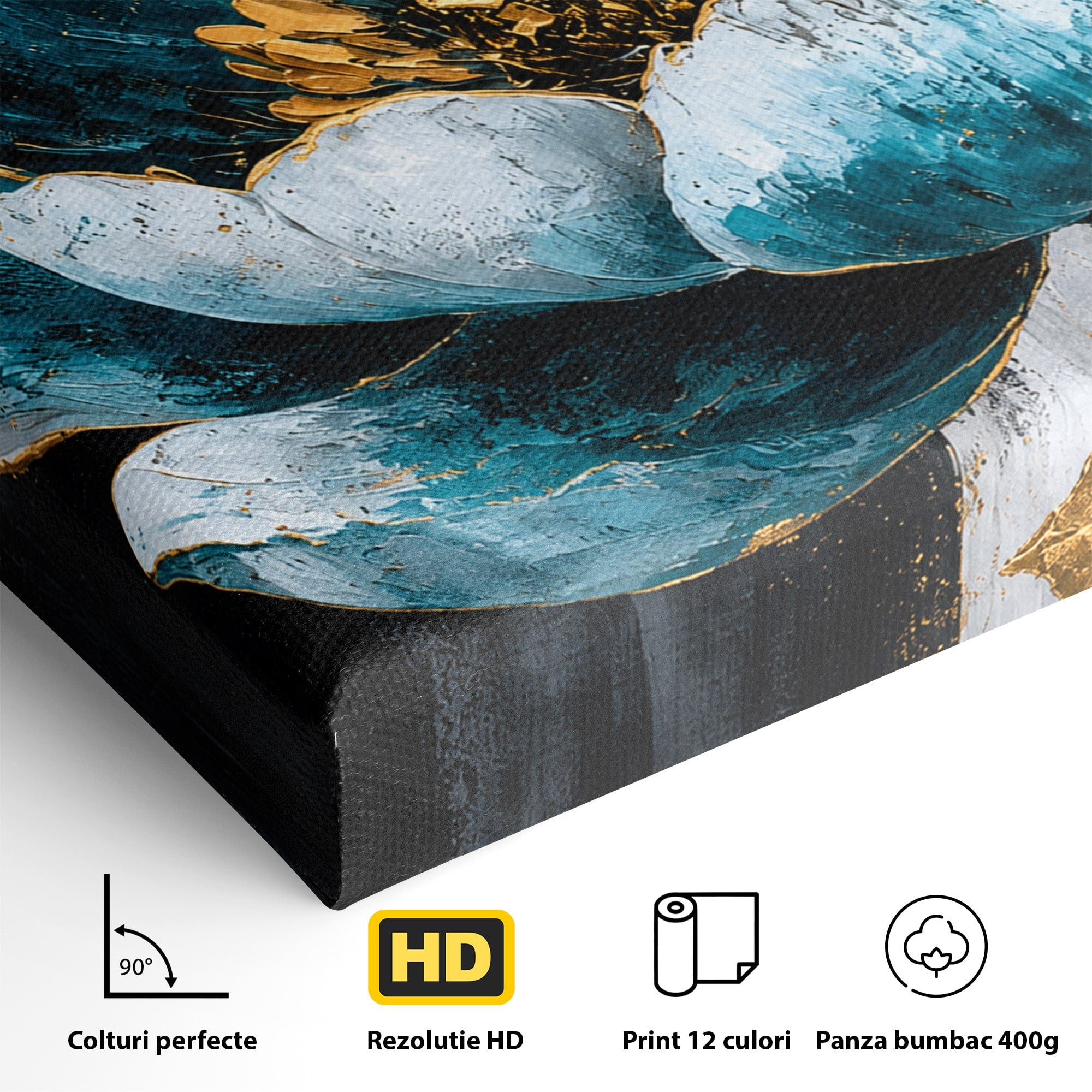 Tablou Canvas Premium LuxCanva® A1812, Petale de Azur, Floare, Auriu, Albastru, Abstract, Living, Culori Vibrante