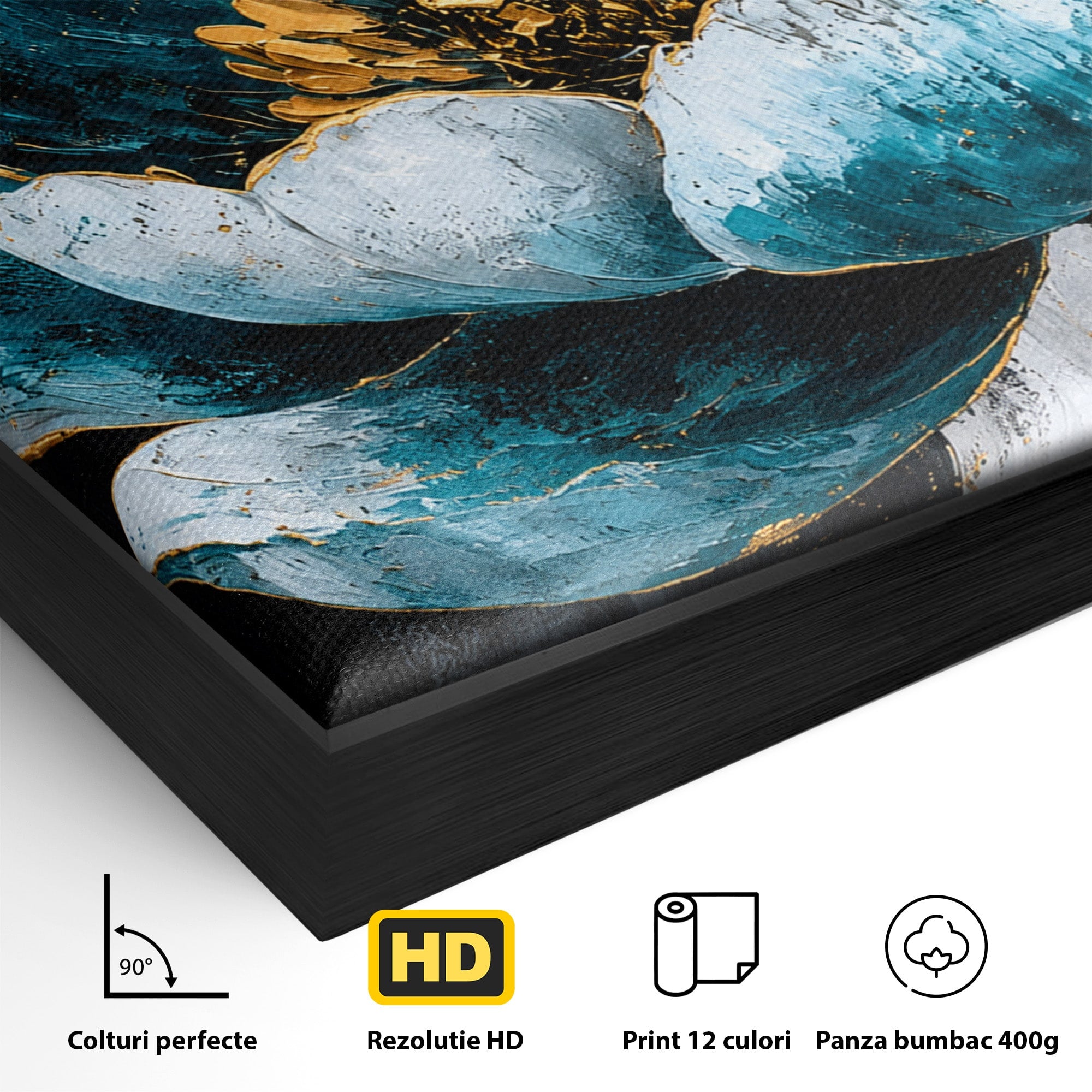 Tablou Canvas Premium LuxCanva® A1812, Petale de Azur, Floare, Auriu, Albastru, Abstract, Living, Culori Vibrante