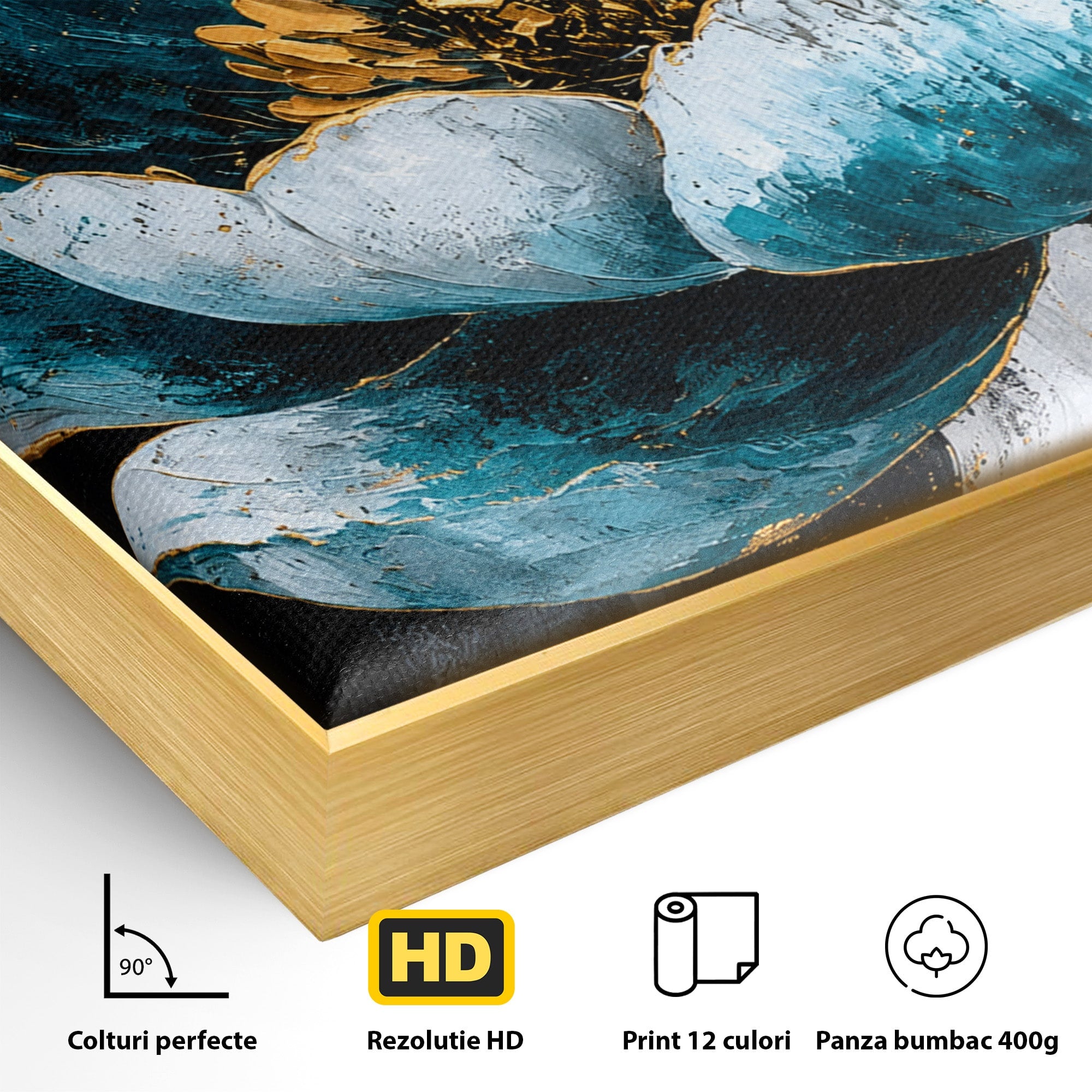 Tablou Canvas Premium LuxCanva® A1812, Petale de Azur, Floare, Auriu, Albastru, Abstract, Living, Culori Vibrante