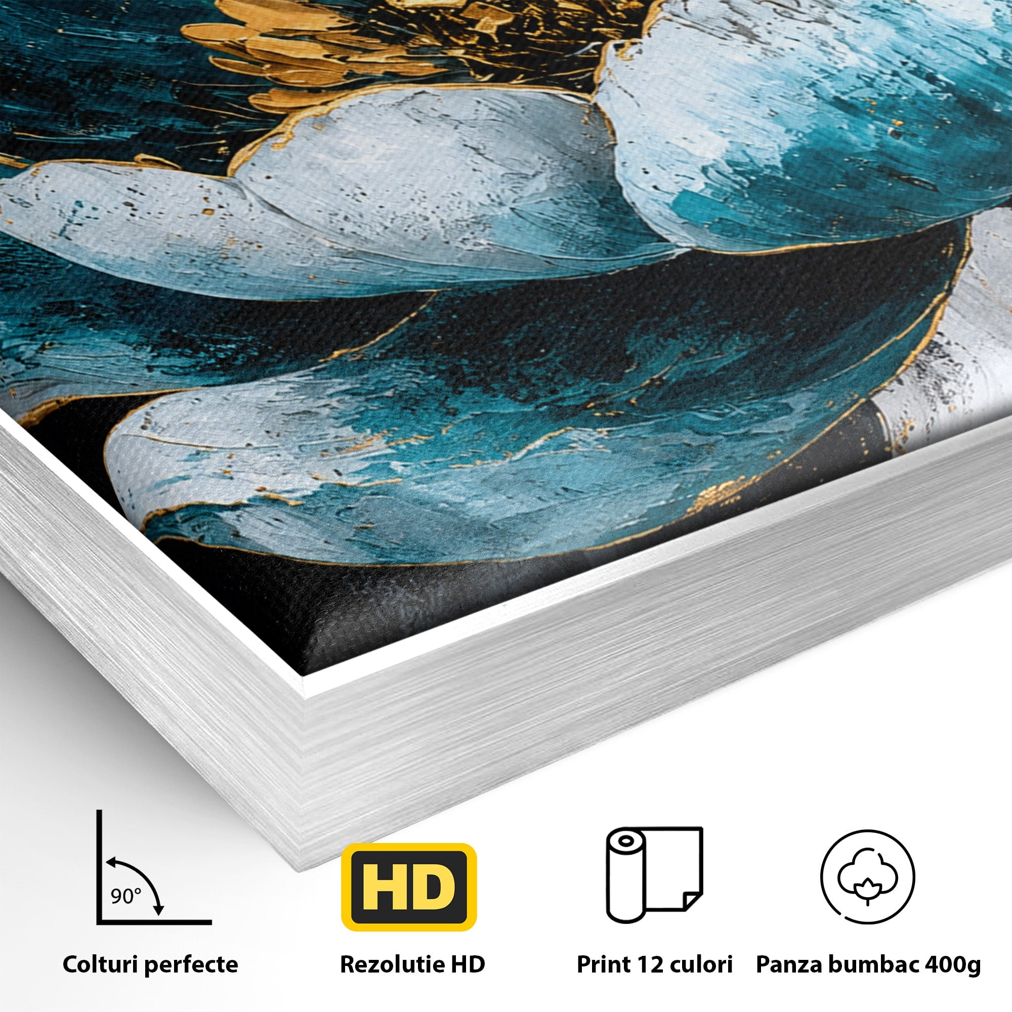 Tablou Canvas Premium LuxCanva® A1812, Petale de Azur, Floare, Auriu, Albastru, Abstract, Living, Culori Vibrante